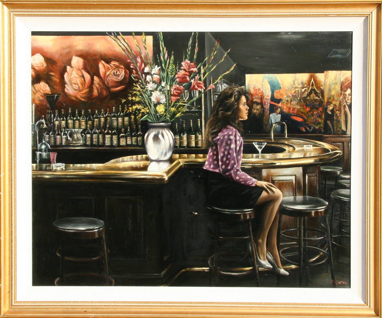 Une peinture à l'huile de Harry McCormick datant de 1990. Une scène tranquille d'une jeune femme assise dans un restaurant avec un éclairage dramatique. 

Artiste : Harry McCormick, Américain (1942 - )
Titre : Emilio's
Année : vers 1990
Médium :