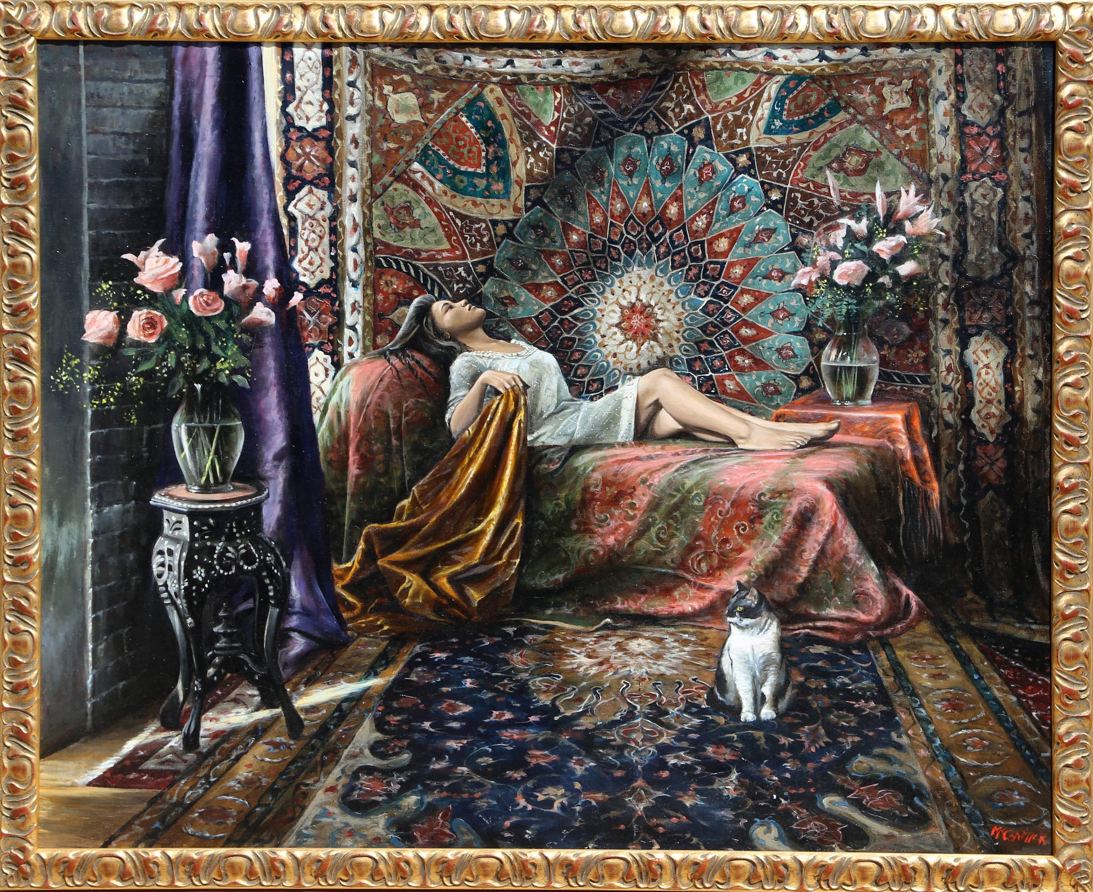 Artista: Harry McCormick, americano (1942 - )
Titolo: Suzie
Anno: circa 1980
Medio: Olio su tela, firmato a sinistra.
Dimensioni: 41 x 52 pollici (104,14 x 132,08 cm)
Dimensioni della cornice: 42,5 x 52,5 pollici 