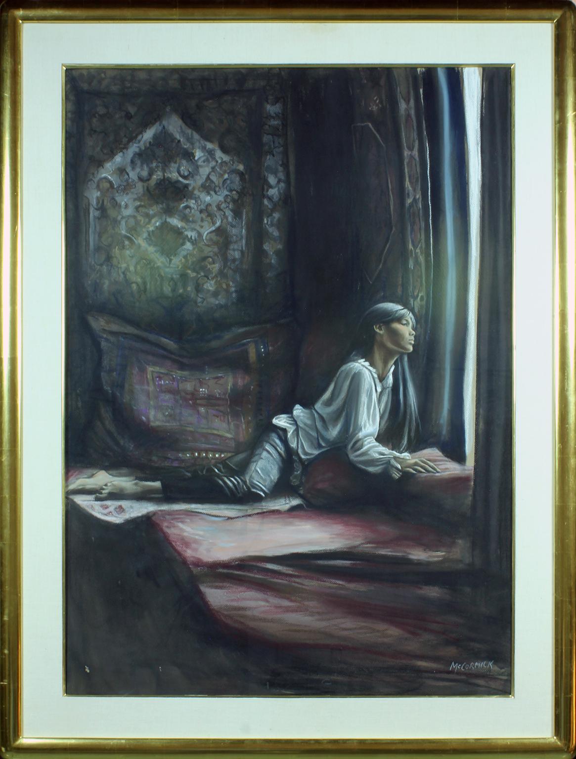 Sérigraphie sans titre sur papier représentant une femme regardant par la fenêtre depuis son lit, par l'artiste Harry McCormick. Encadré dans un cadre métallique en bois.