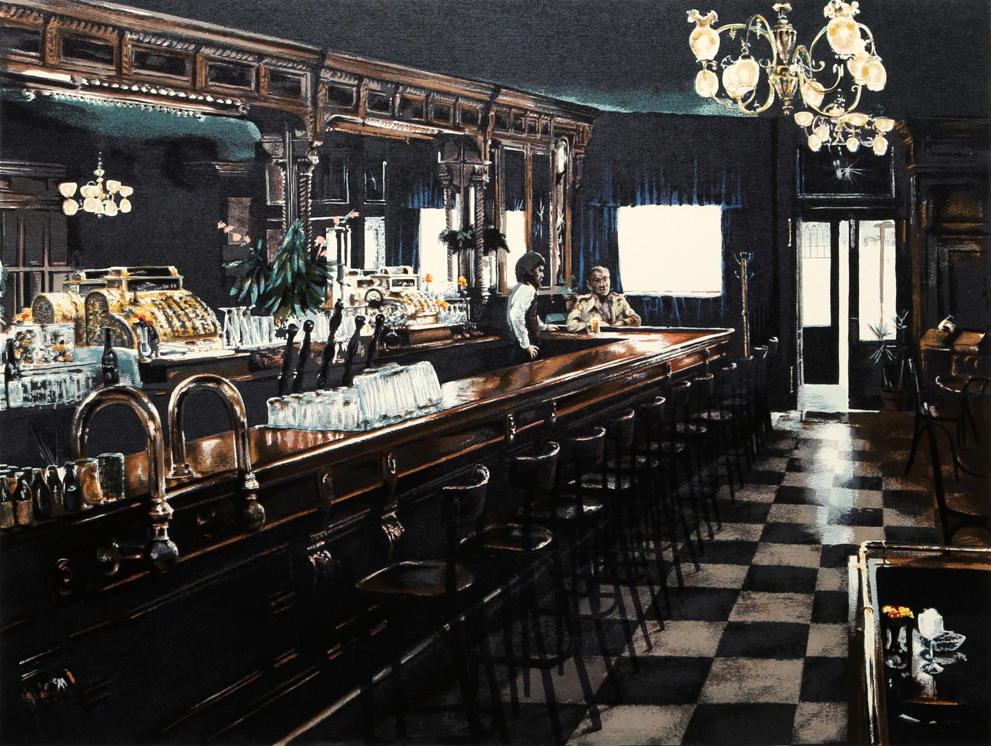 Harry McCormick, Amerikaner (1942 - ) - Harvey's Chelsea Restaurant. Medium: Serigrafie, mit Bleistift signiert und nummeriert, Auflage: 250, Bildgröße: 24 x 32 Zoll, Größe: 28,5 x 40 Zoll (72,39 x 101,6 cm)