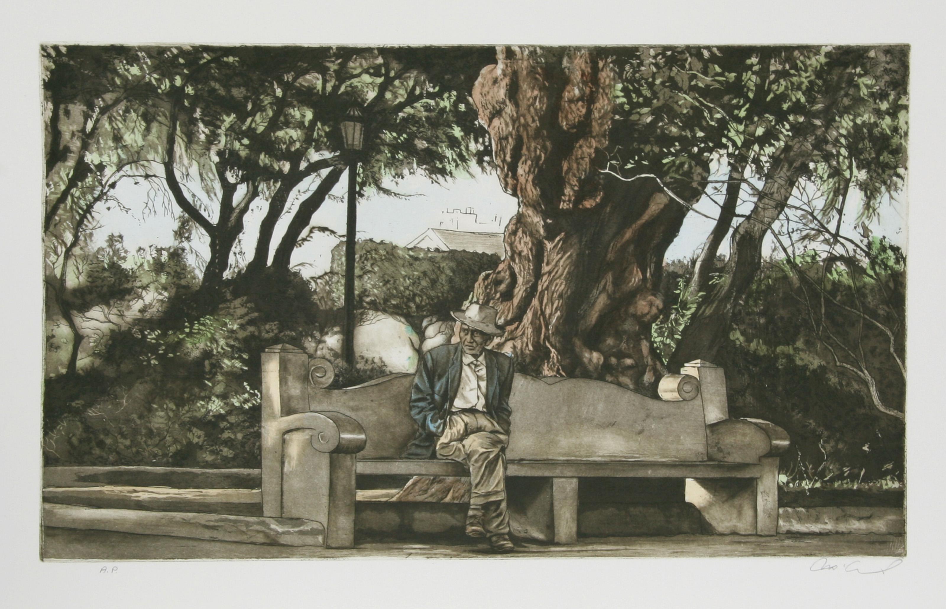Man on Bench (Color), Photorealist Etching by Harry McCormick