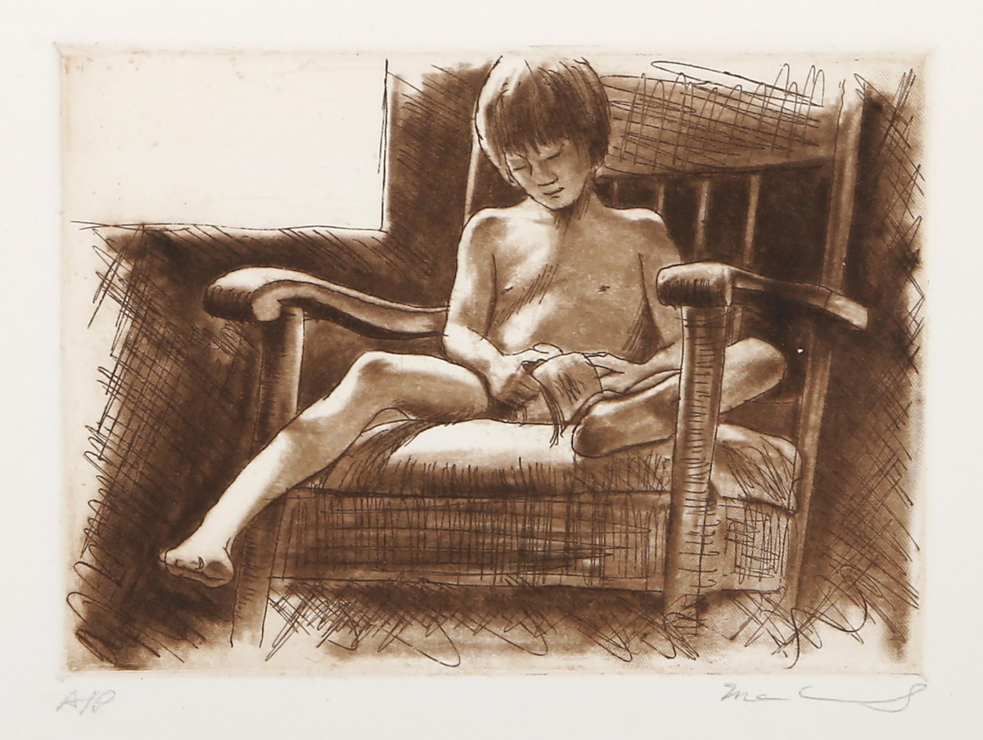 Harry McCormick, Amerikaner (1942 - ) - Junger Mann, Jahr:  ca. 1980, Medium:  Radierung und Aquatinta auf BFK Rives, signiert und nummeriert mit Bleistift, Auflage:  AP, Bildgröße:  4 x 5,25 Zoll, Größe:  9.75 x 15 in. (24.77 x 38.1 cm)
