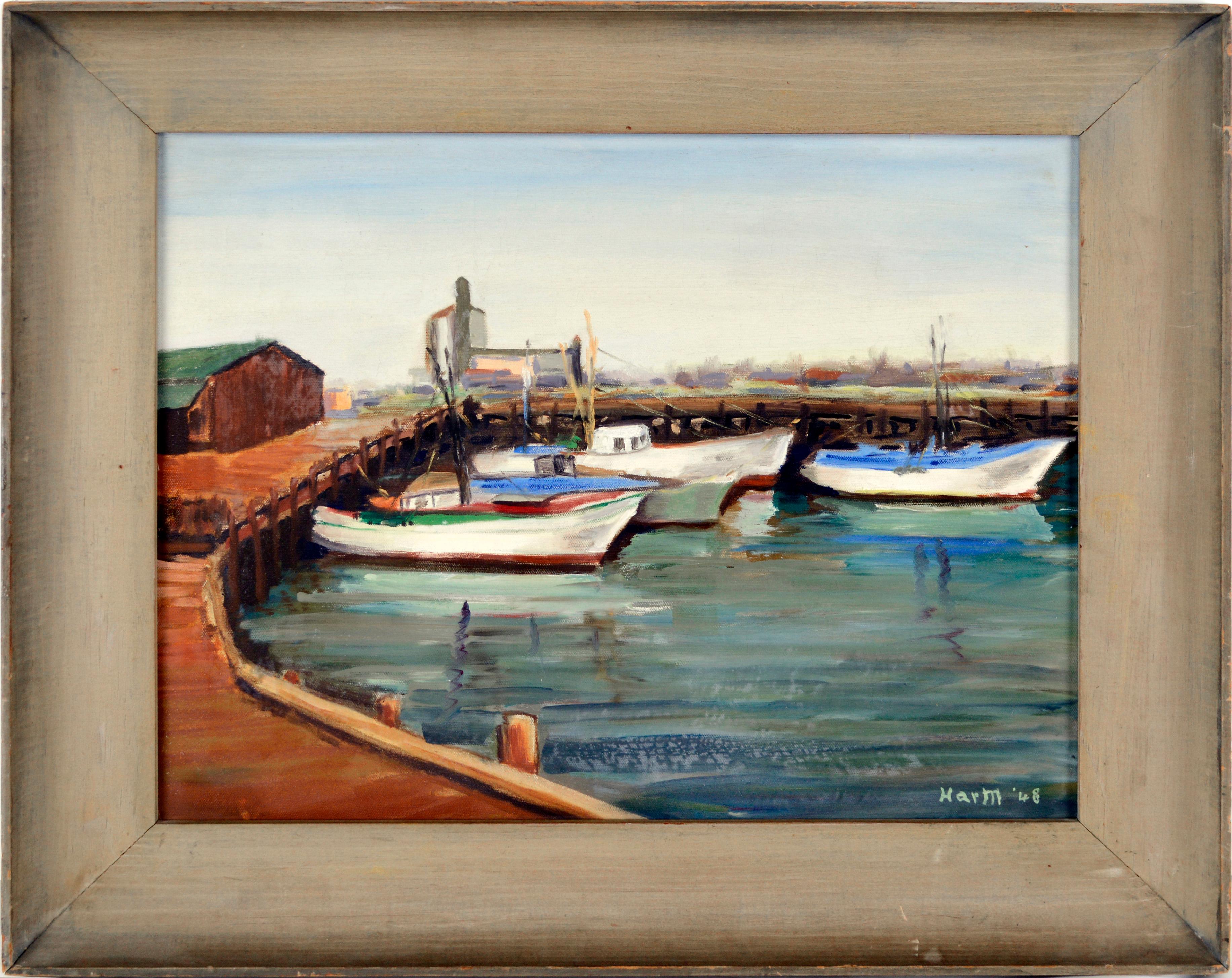 Harry Mishkin Landscape Painting - "Day of Rest" San Pedro Harbor Fishing Boats Oil on Linen 1948