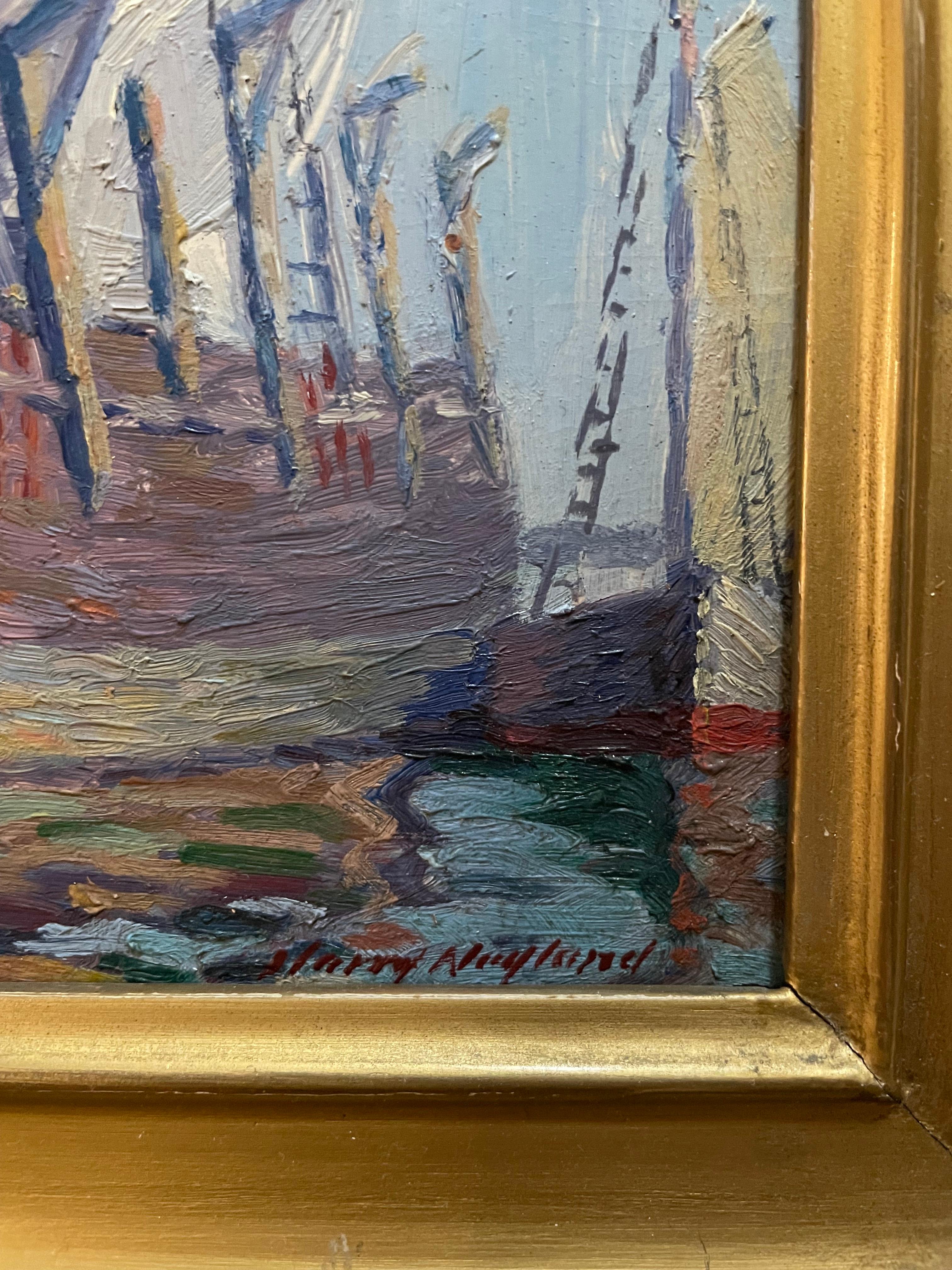 Harry Neyland war ein amerikanischer impressionistischer Maler, geboren 1877-1958 in Massachusetts.

Dieses Gemälde ist eine amerikanische impressionistische Seelandschaft mit großartigen Farben und malerischer Textur.
Beschriftet auf der