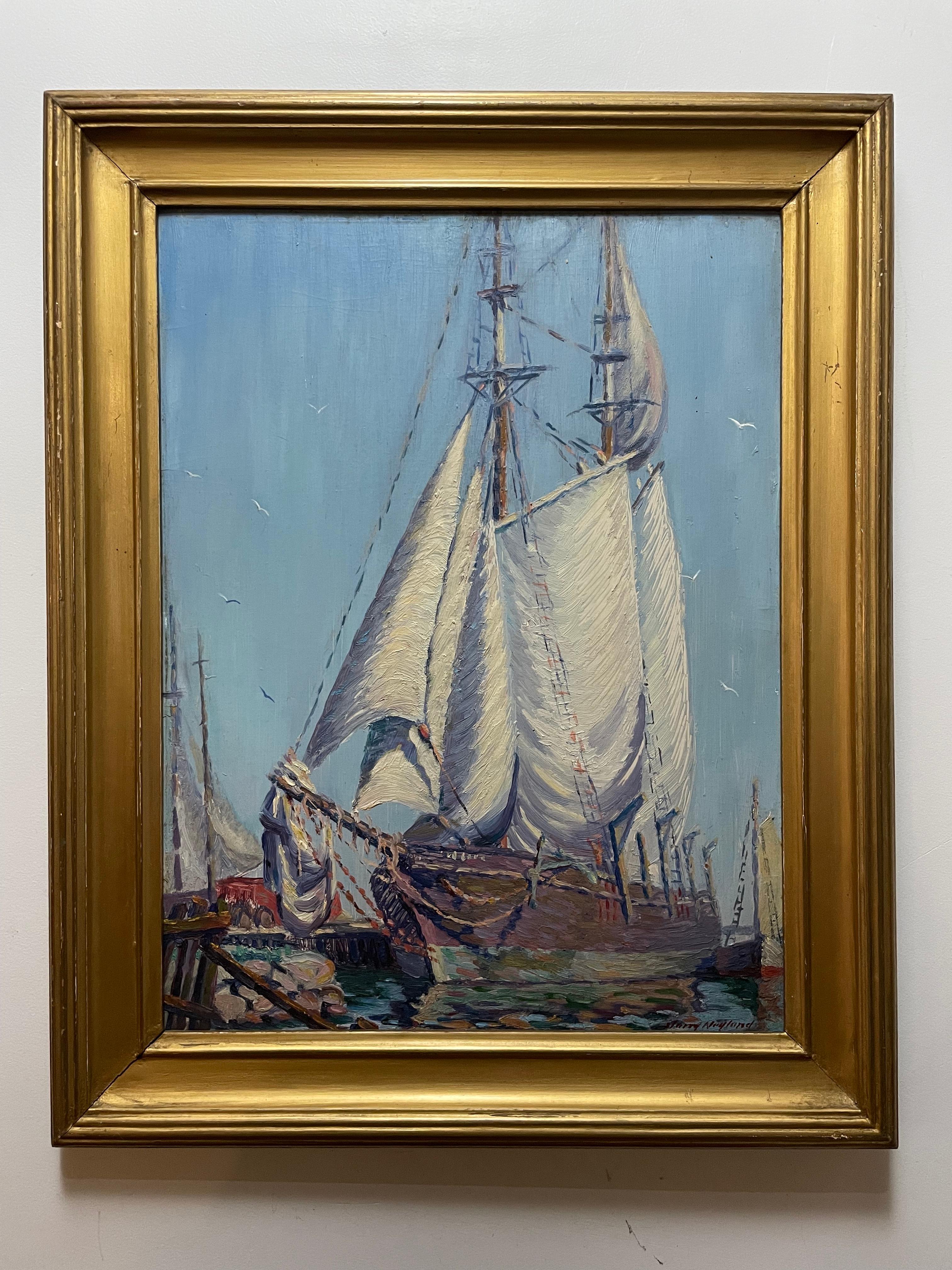 Harry Neyland Landscape Painting - American Impressionist Boats Whaling Schooner New Bedford Massachusetts  