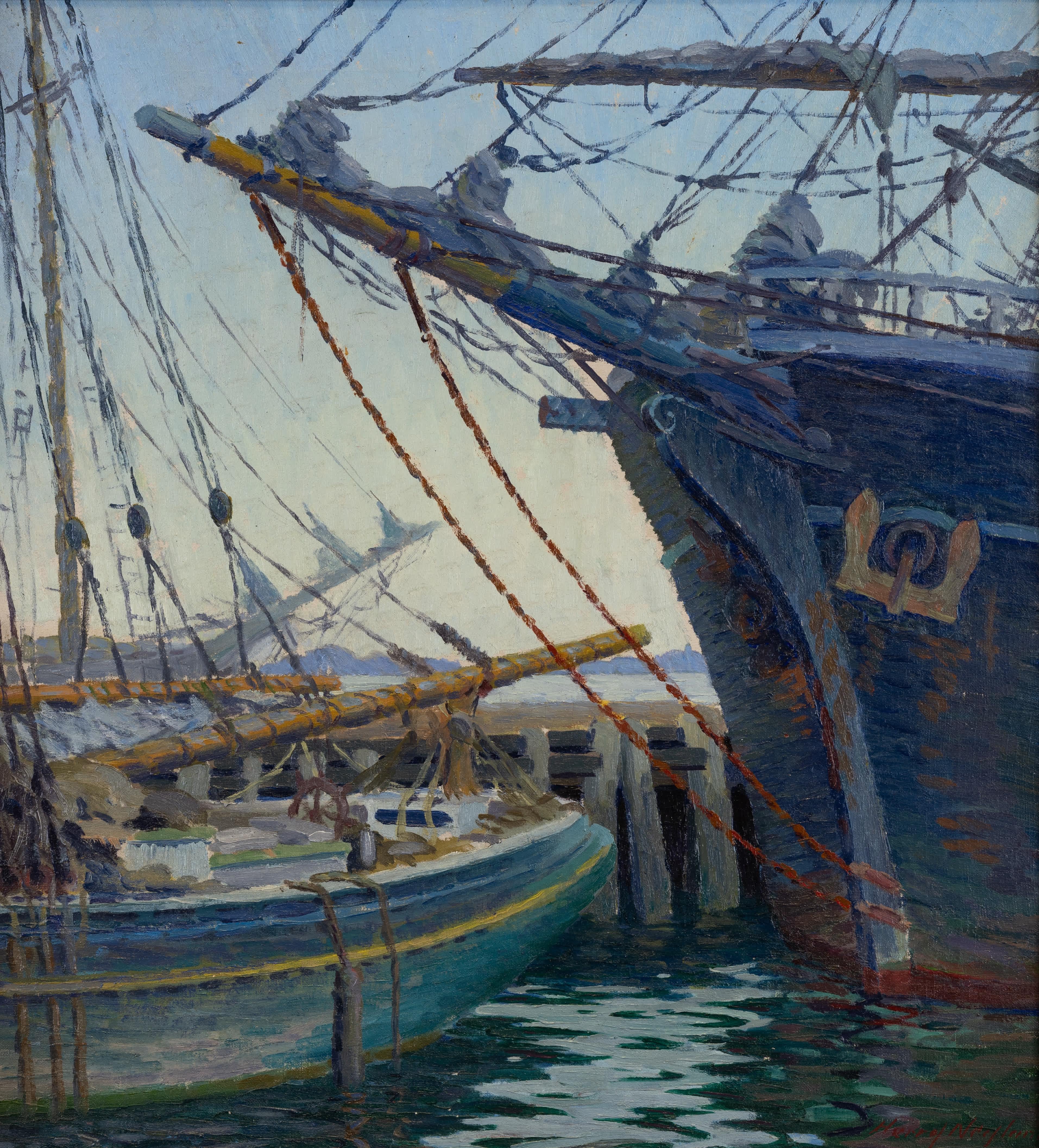 Barche da pesca al molo - Painting Impressionismo di Harry Neyland