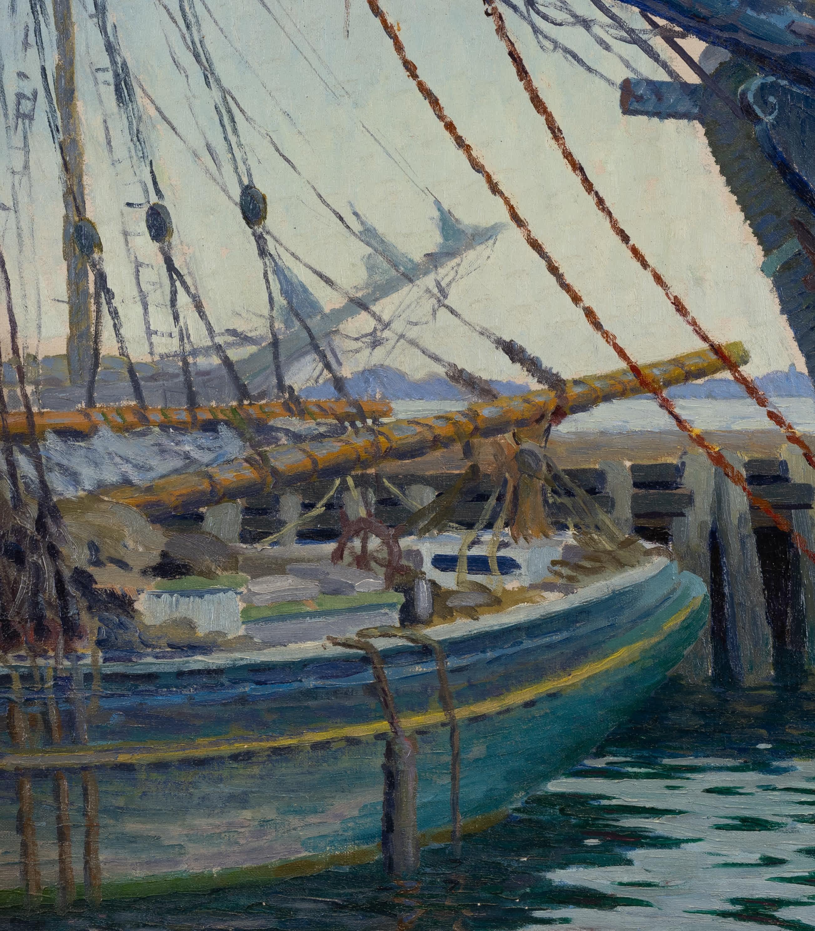 Harry A. Neyland
Americano, 1877-1958
Barche da pesca al molo

Olio su tela
18 x 20 pollici, con cornice 25 ⅝ x 27 ⅜ pollici
Firmato in basso a destra

Harry A. Neyland - pittore, scultore, illustratore e copista - nacque a McKean, nella contea di
