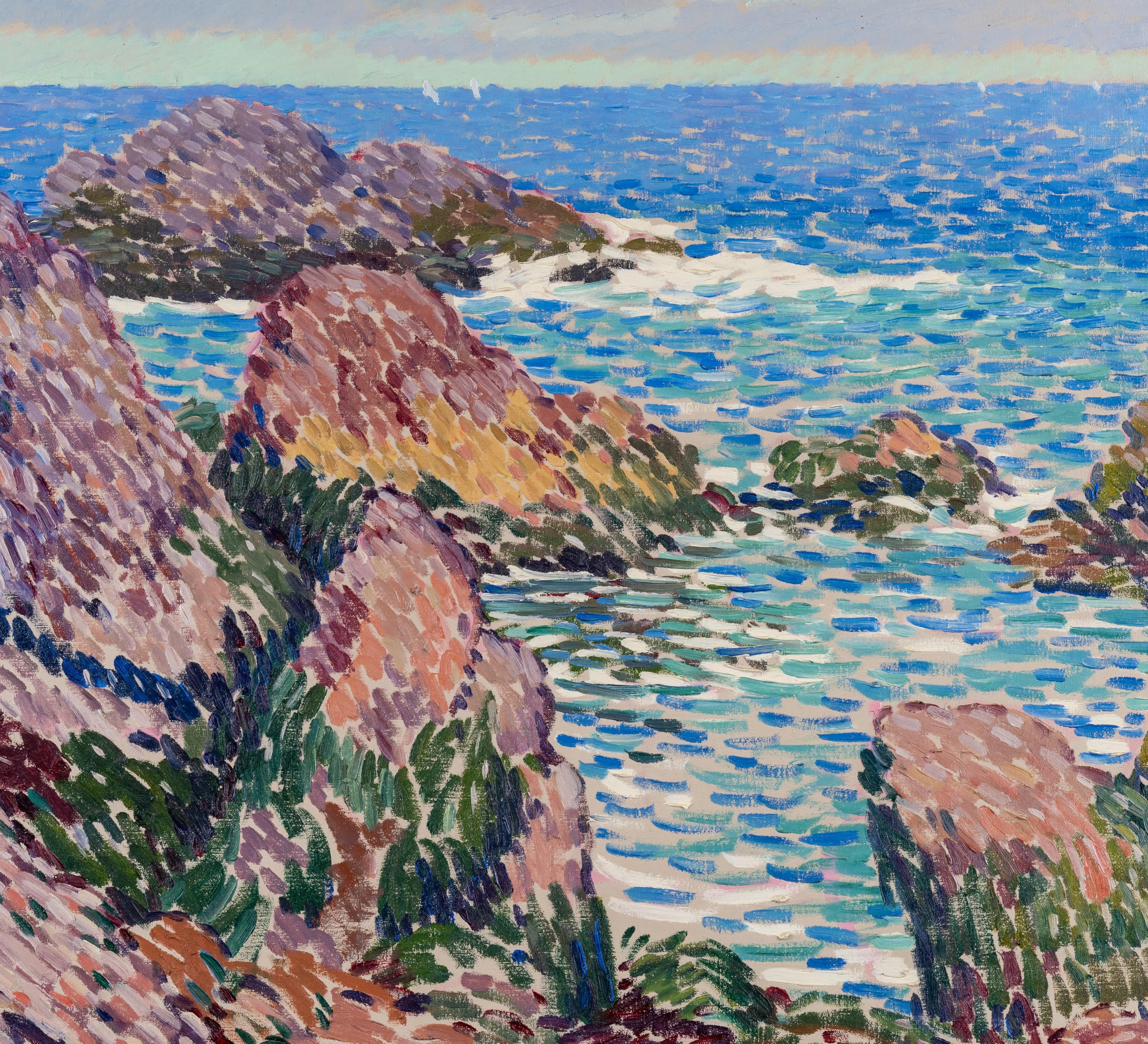 Harry A. Neyland
Americano, 1877-1958
Rocce sulla riva

Olio su tela
26 x 32 pollici, con cornice 34 ½ x 40 ½ pollici
Firmato in basso a sinistra

Harry A. Neyland - pittore, scultore, illustratore e copista - nacque a McKean, nella contea di Erie,