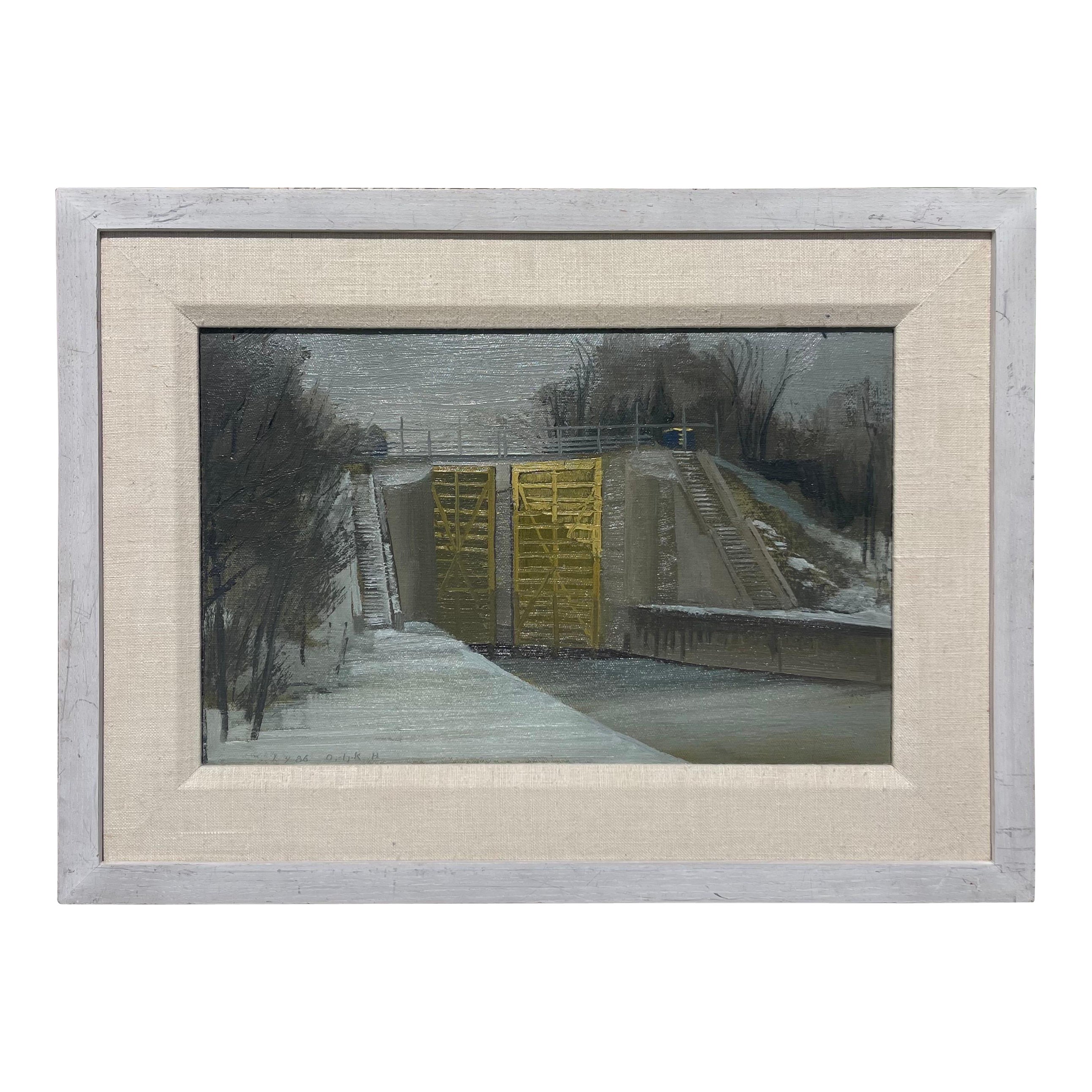 Harry Orlyk, b.1947, Landscape Oil Painting, River Locks, Dated 1986 For Sale