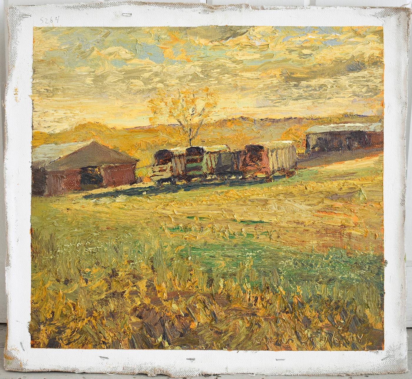 #5264 Wilber McIntyre's Wagons: Impressionist En Plein Air Landscape on Linen - Painting by Harry Orlyk