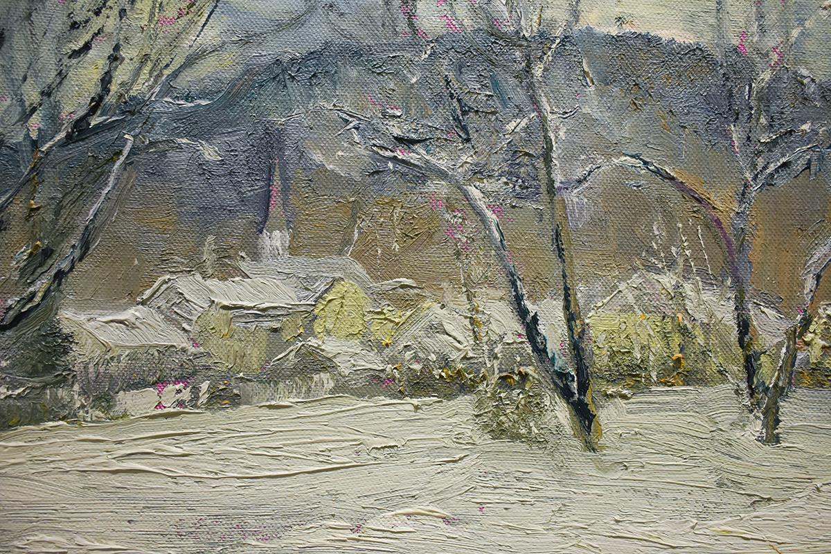 Impressionistic, en plein air winter landscape oil painting on linen of a rural country neighborhood set in the distance with blue hills and snow capped trees
#5542 West Hebron
16.25 x 18.5 inches 
Oil on linen mounted on homasote board

Harry Orlyk