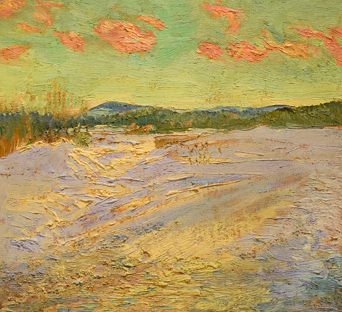 Impressionistic, en plein air landscape painting on linen of a winter sunset and snowy field
#5543 Hank's Road, Searching for the Site of Christmas, 2018
oil on linen mounted on homasote board
16.5 x 18.5 inches

Harry Orlyk is celebrated for his