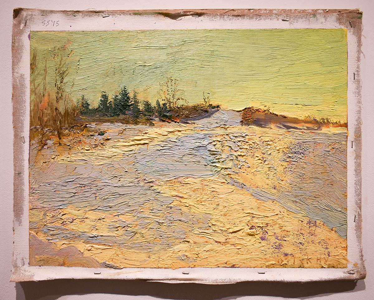 #5545 La strada di John Braymer: Paesaggio invernale impressionista en plein air su lino - Painting di Harry Orlyk