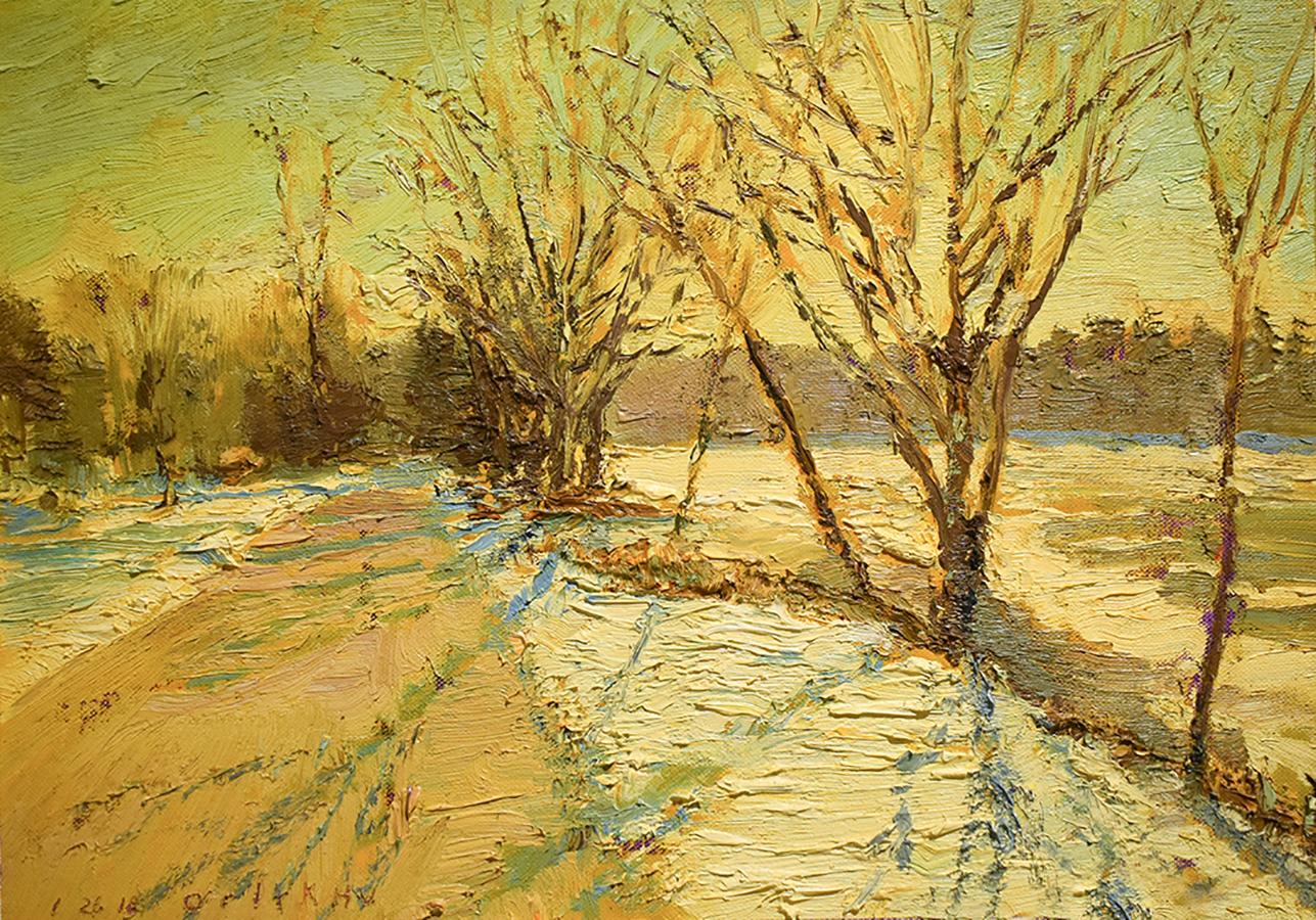 Impressionistic, en plein air landscape oil painting on linen of a rural country road during a winter sunset
#5549 Colonial Road, 2018
15 X 21.5 inches 
oil on linen mounted on homasote board

Harry Orlyk is celebrated for his ability to capture an