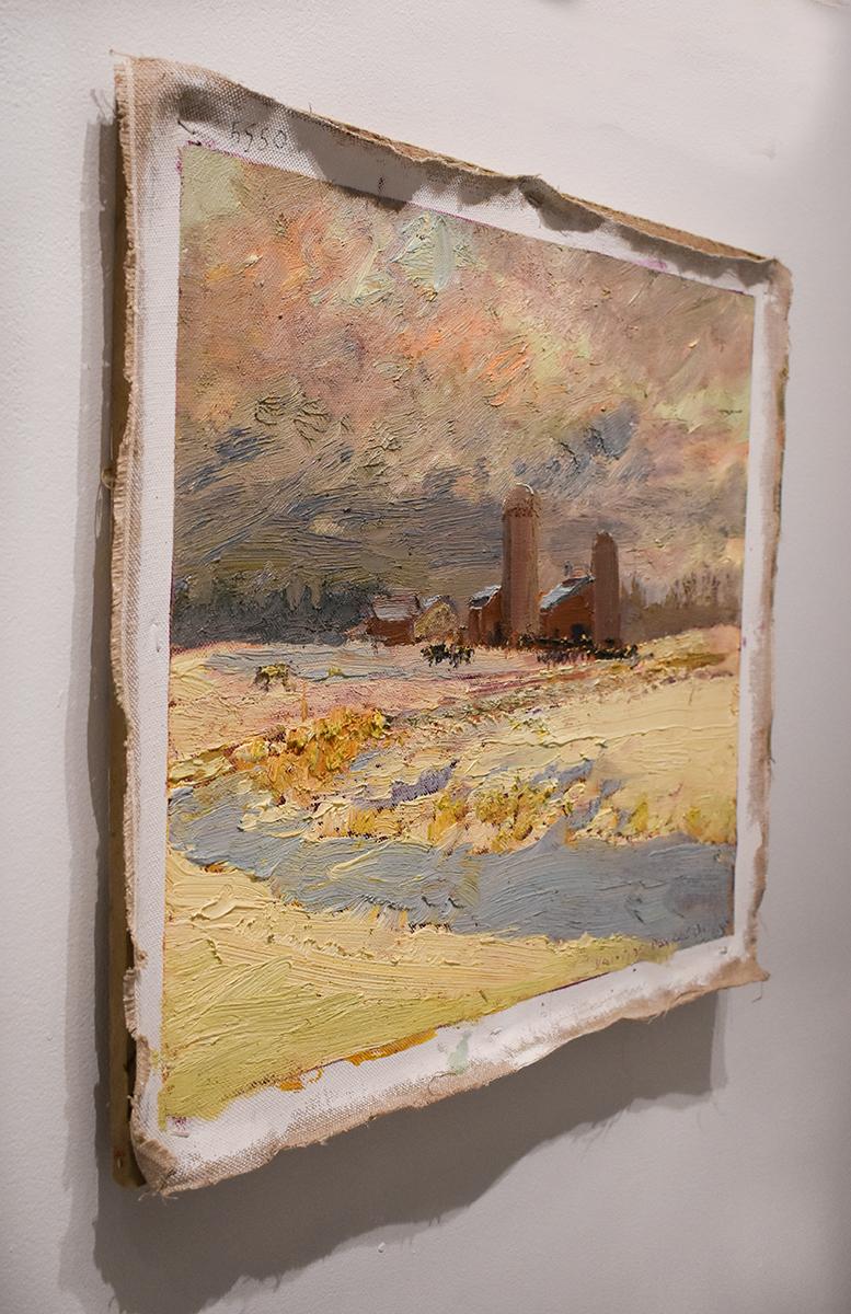 Impressionistic, en plein air landscape oil painting on linen of two silos on a rural country farm during a wintertime sunset
#5550 Farm on Callaway Road, Valentine's Day
Landscape oil painting on linen mounted on homasote board, unframed
16 x 17.75