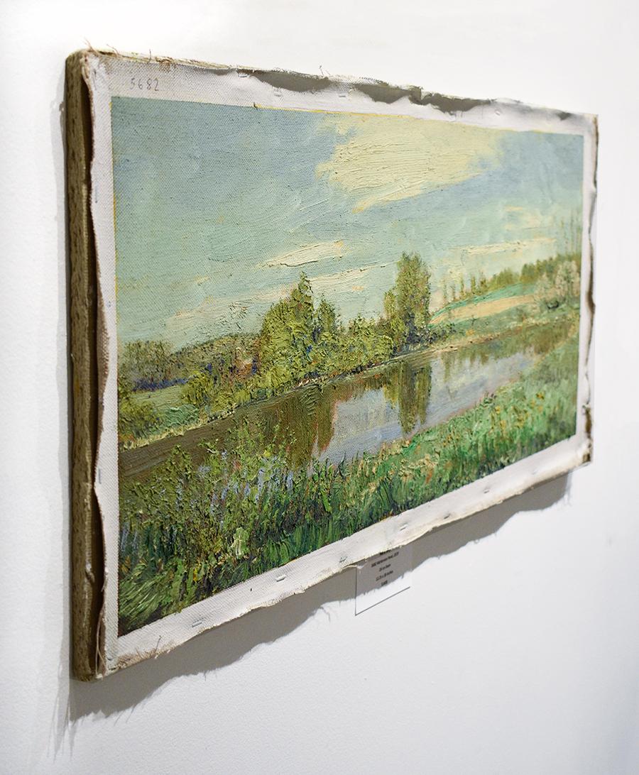 Impressionistic, en plein air summer landscape of a rural country pond in a green field with blue sky
oil on linen mounted on homasote board, ready to hang as is 
12.25 x 28 inches unframed 
Signed lower right corner

Harry Orlyk is celebrated for