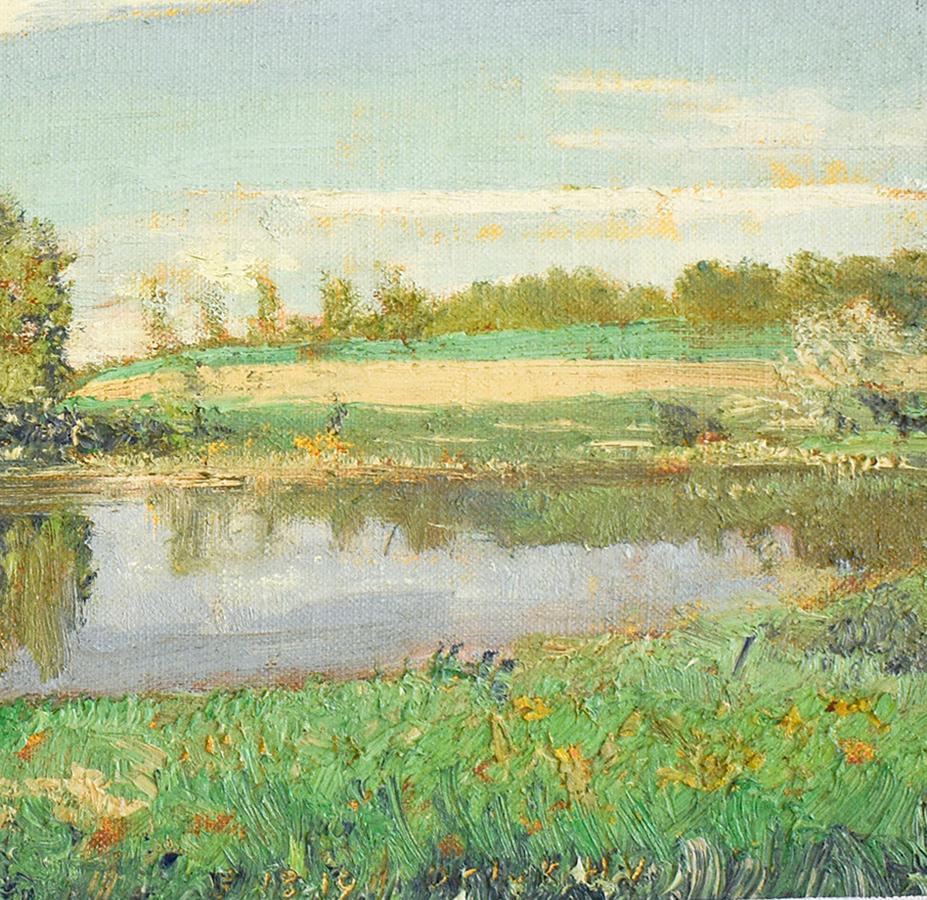 Impressionistische Sommerlandschaft en plein air mit einem ländlichen Teich in einem grünen Feld mit blauem Himmel
öl auf Leinen auf Homasote-Karton montiert, hängefertig 
12.25 x 28 Zoll ungerahmt 
Signiert in der rechten unteren Ecke

Harry Orlyk