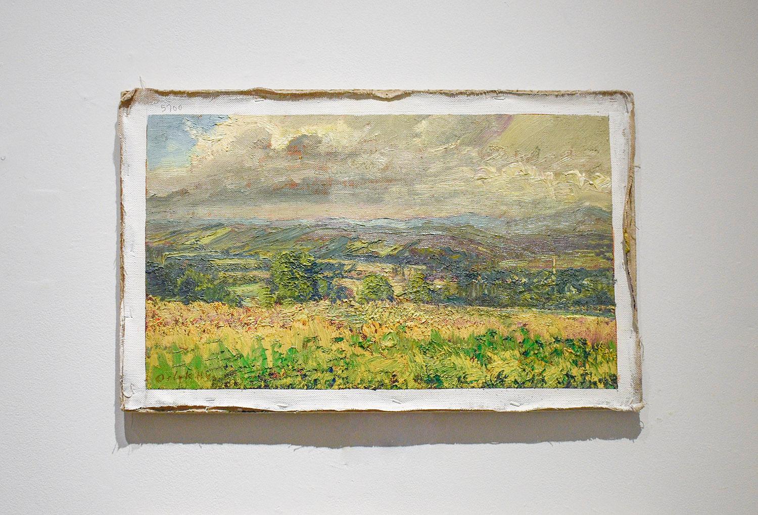 Impressionistic, en plein air summer landscape of a sunlit valley with clouded blue sky
#5700 View from Saw Hill, painted by Harry Orlyk in 2019
oil on linen mounted on homasote board, ready to hang as is 
11.75 x 19.75 inches unframed 
Signed lower