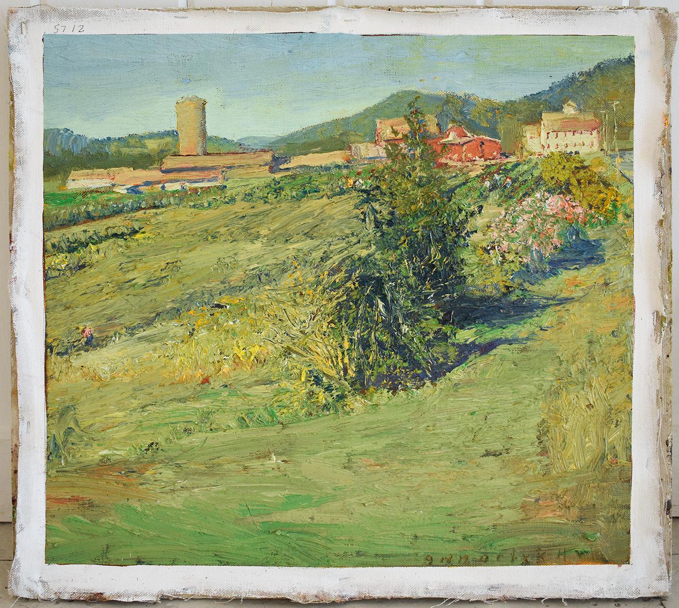#5712 Opere da giardino: Quadro impressionistico di paesaggio en plein air di una fattoria rurale - Painting di Harry Orlyk