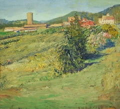 #5712 Obras de jardinería: Pintura impresionista al aire libre de una granja rural