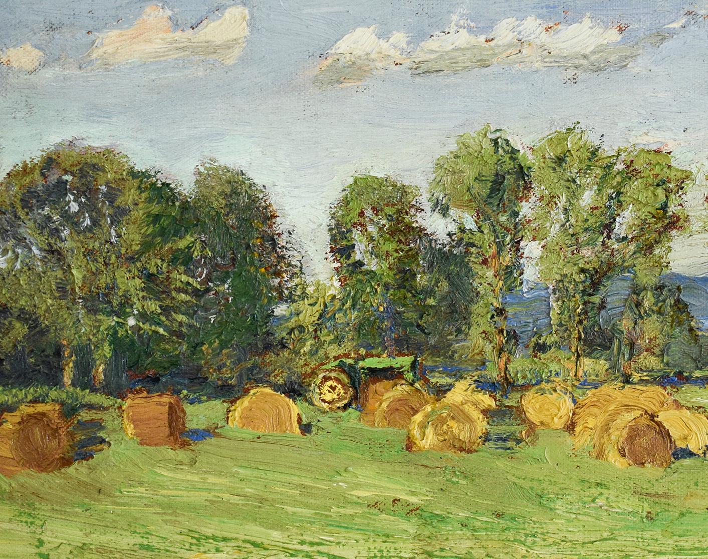 Impressionistic, en plein air summer landscape of a rural green farm field with yellow hay stacks under a blue sky
oil on linen mounted on homasote board, ready to hang as is 
13 x 20 inches unframed 
Signed lower right corner

Harry Orlyk is