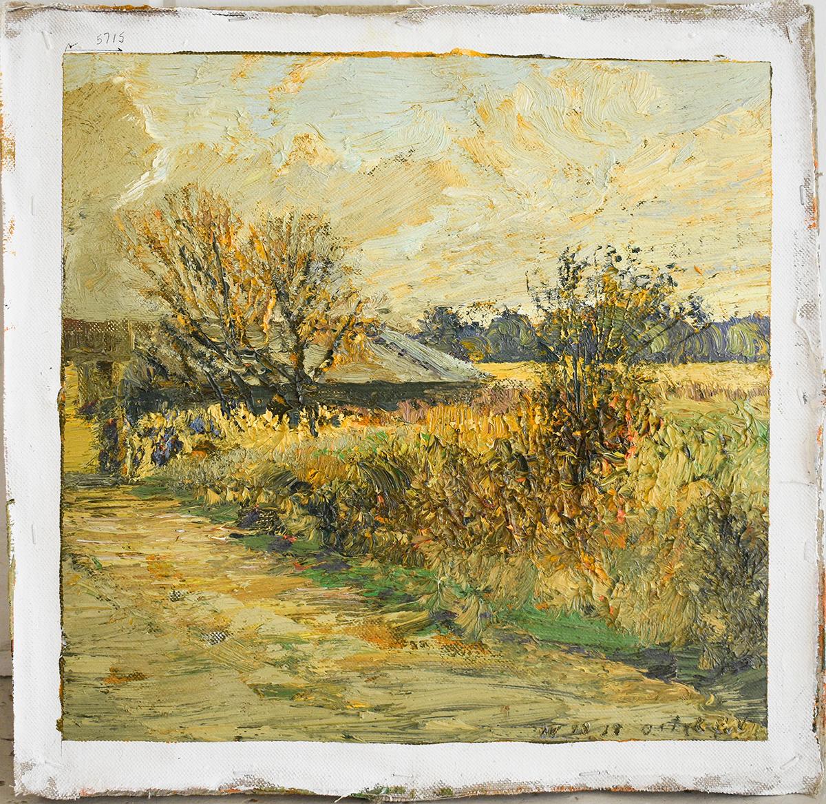 #5715 Granero cubierto de maleza: Pintura impresionista de paisaje al aire libre sobre lino - Painting de Harry Orlyk