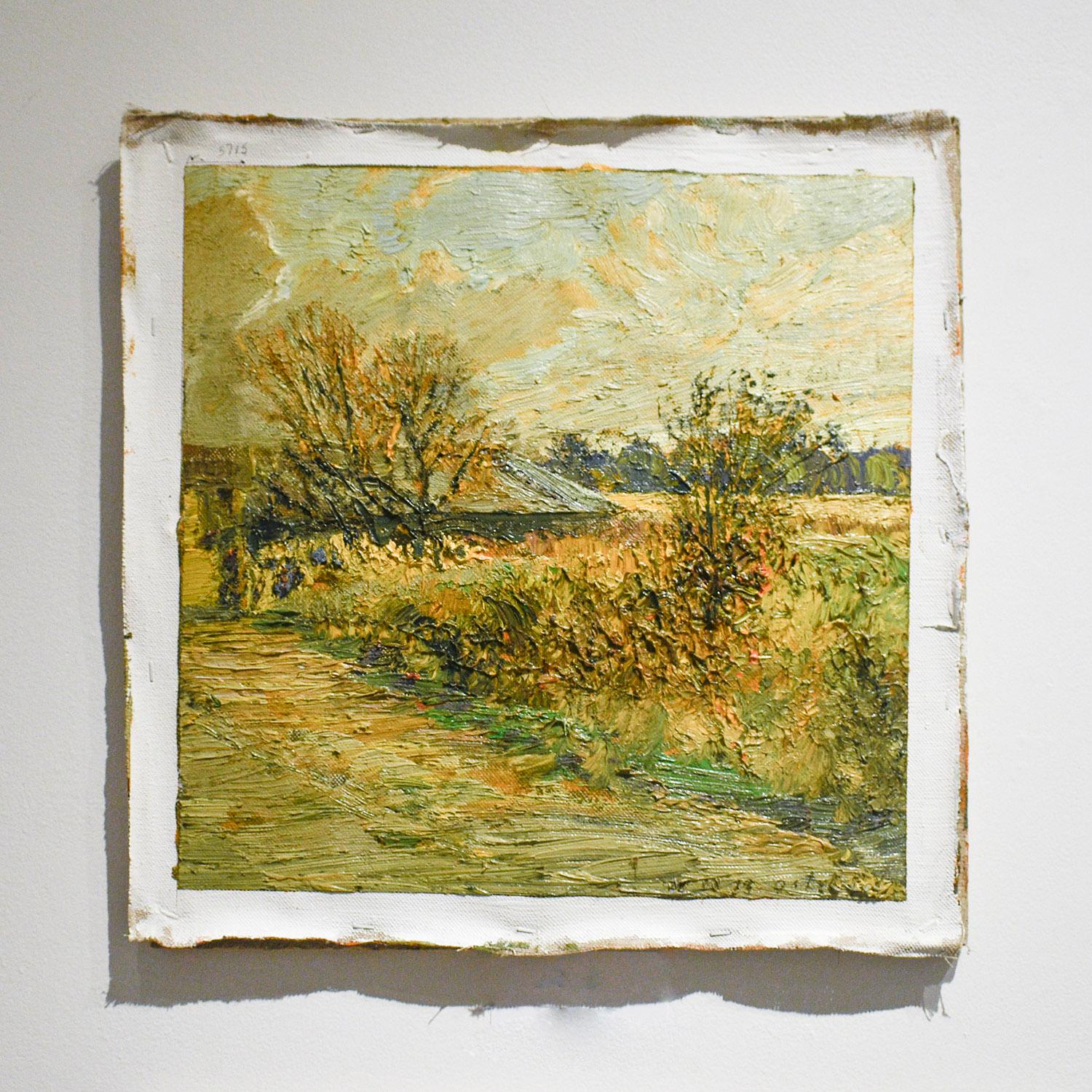 #5715 Granero cubierto de maleza: Pintura impresionista de paisaje al aire libre sobre lino - Landscape Painting Marrón de Harry Orlyk