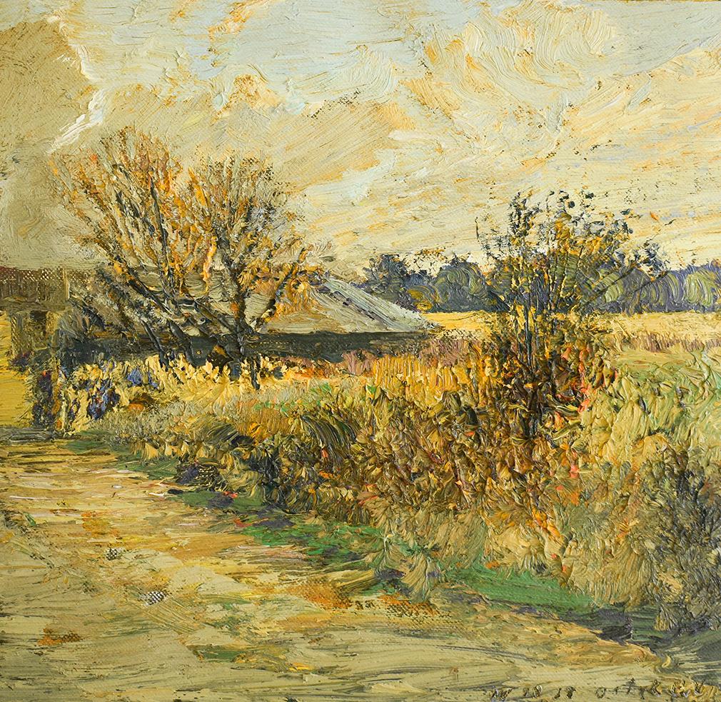 #5715 Fienile incolto: Quadro di paesaggio impressionista en plein air su lino