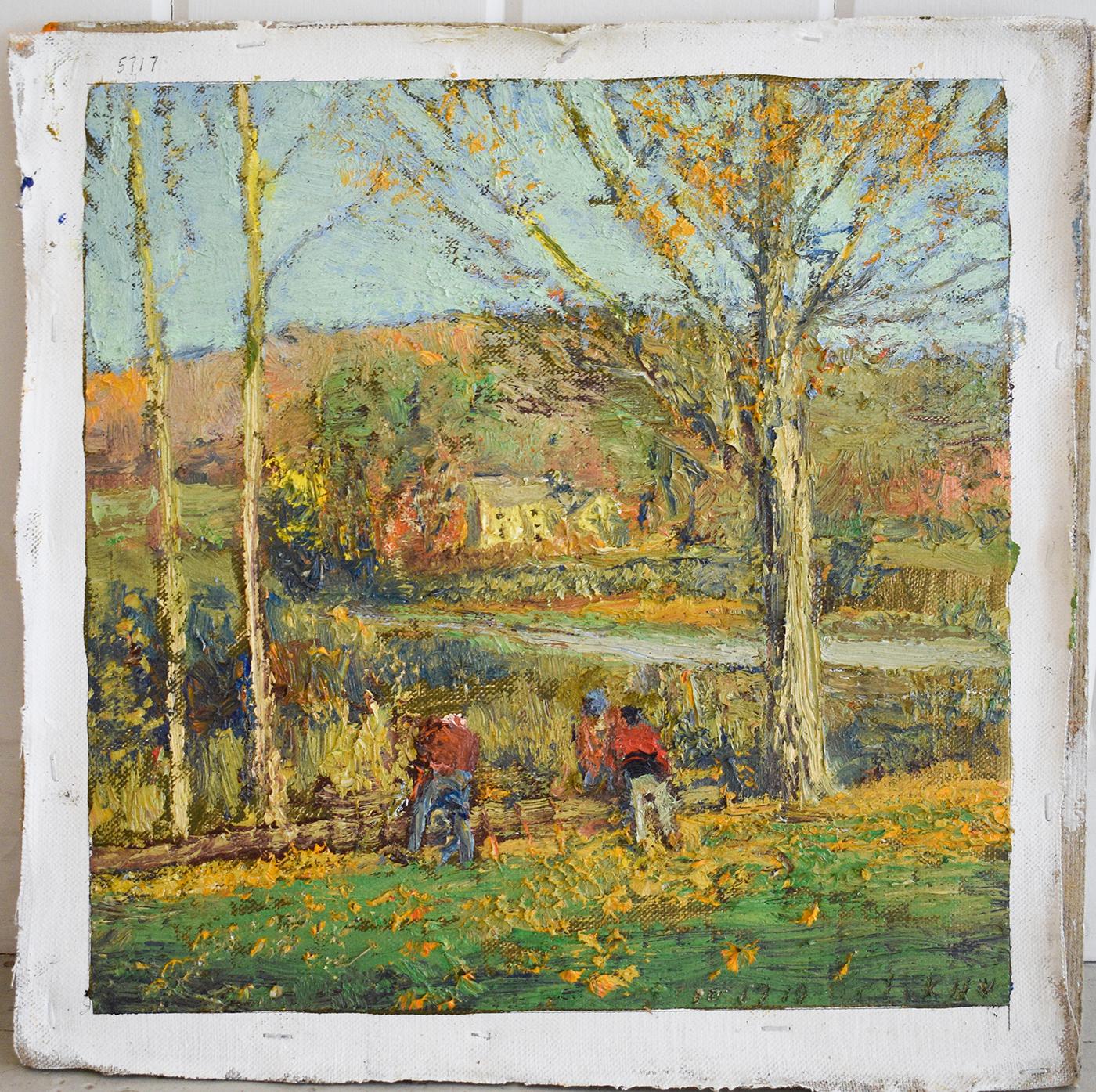#5717 Wood Cutters: Impressionist En Plein Air Autumn Landscape Oil on Linen - Painting by Harry Orlyk