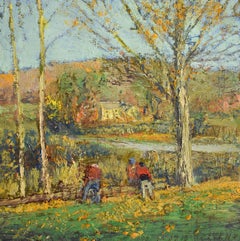 #5717 Wood Cutters: Impressionist En Plein Air Autumn Landscape Oil on Linen