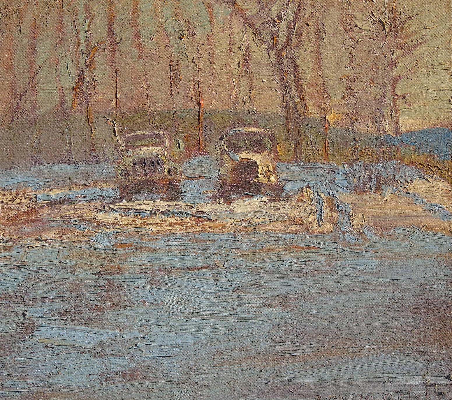 #5737  Golden Anniversary: Impressionist En Plein Air Winter Landscape of Trucks - Painting by Harry Orlyk