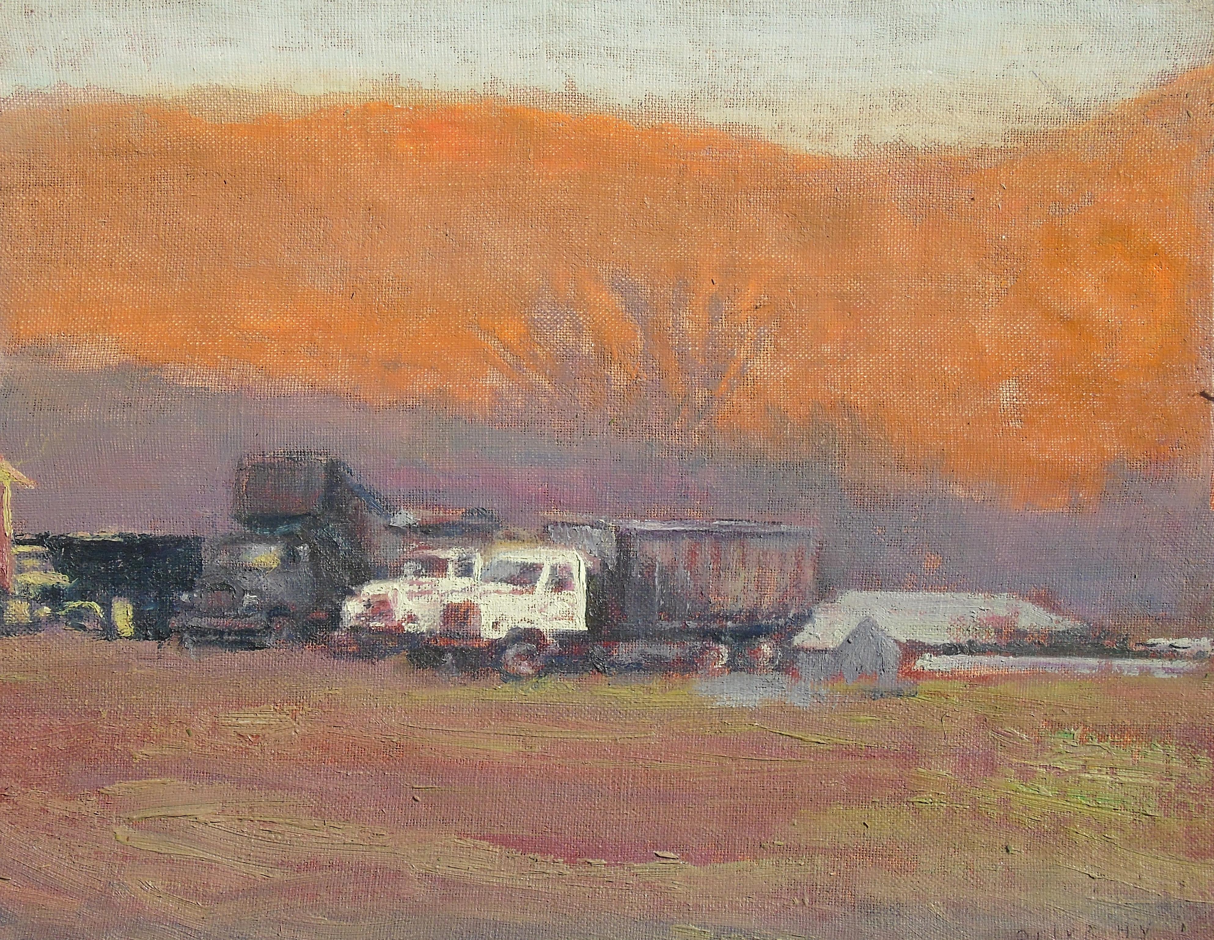 #5787 Trucks in Chambers' Valley: Impressionist En Plein Air Landscape at Sunset - Painting by Harry Orlyk