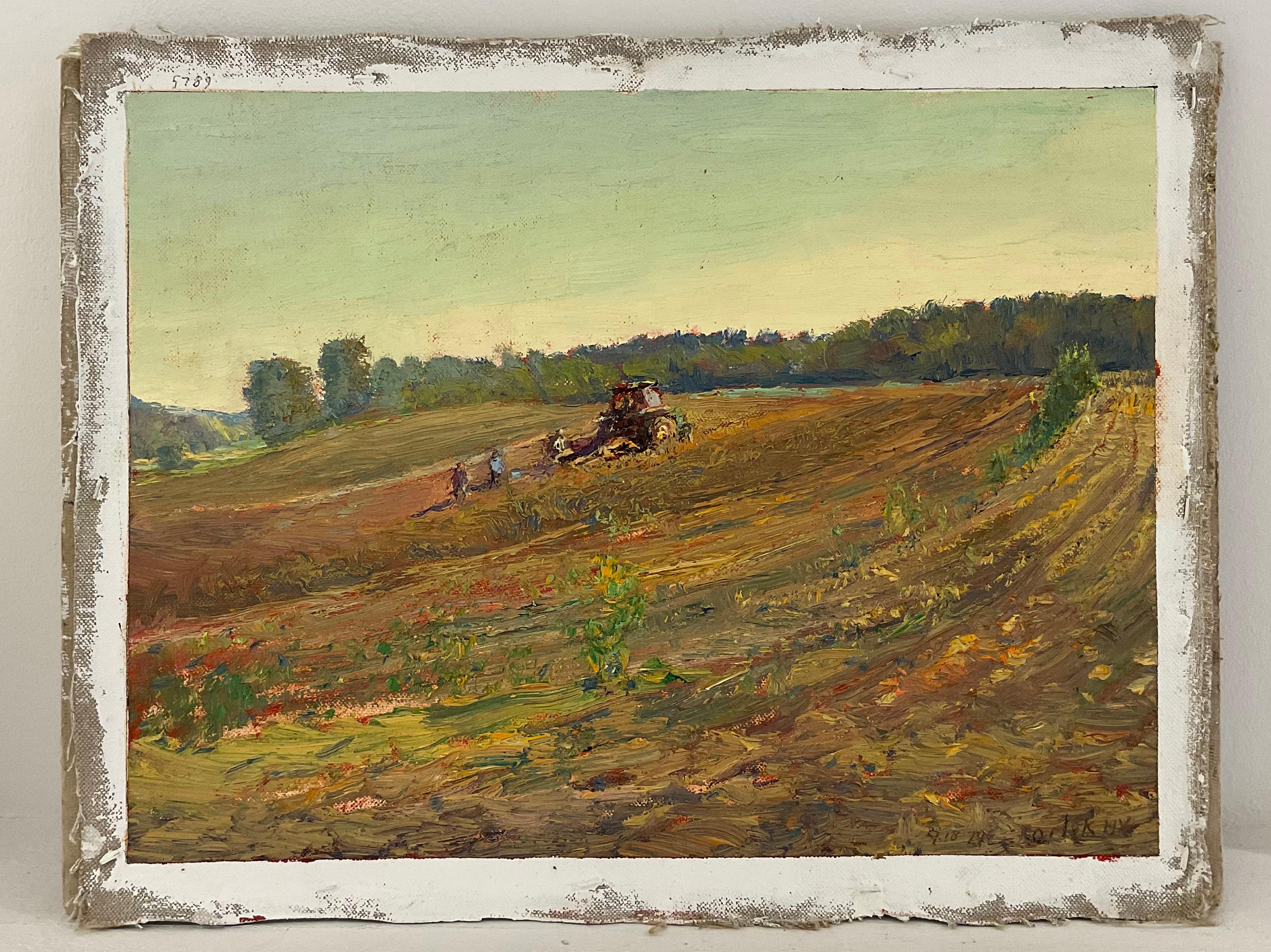 #5789 Gleaners: Impressionist En Plein Air Landscape of Tractor in a Farm Field  - Painting by Harry Orlyk