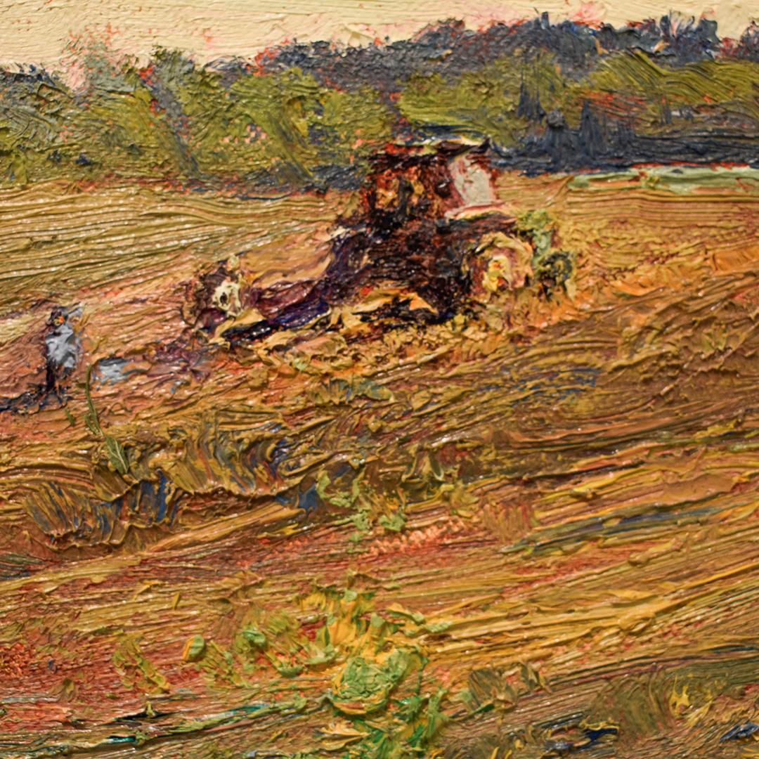 #5789 Gleaners: Impressionist En Plein Air Landscape of Tractor in a Farm Field  - Brown Figurative Painting by Harry Orlyk