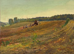 #5789 Gleaners: Impressionist En Plein Air Landscape of Tractor in a Farm Field 