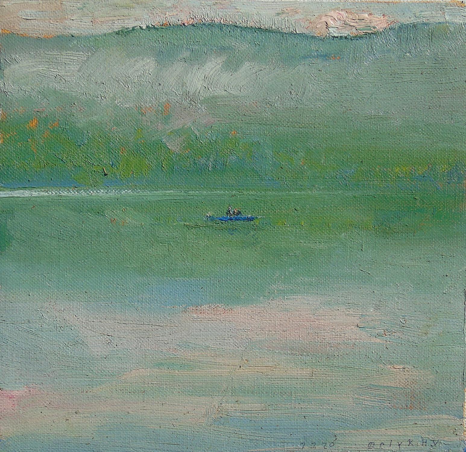 #5791 Trolling at Taylor Pond: Impressionist En Plein Air Landscape of Boat - Painting by Harry Orlyk