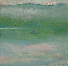 #5791 Trolling at Taylor Pond: Impressionist En Plein Air Landscape of Boat