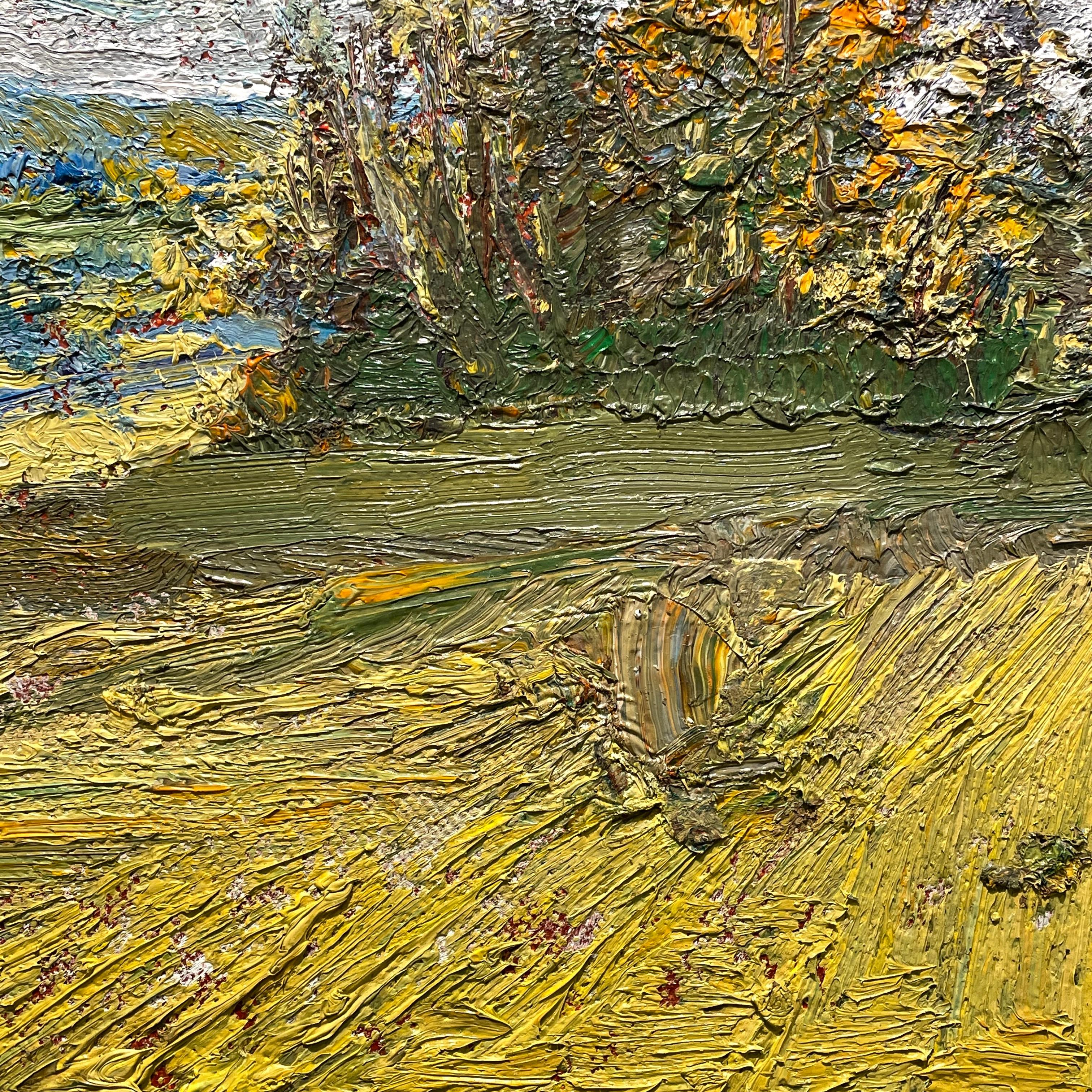 Quadro paesaggistico en plein air in stile impressionista di un campo di campagna illuminato dal sole 

Harry Orlyk, 6197 Un posto nel campo della fede, 2024
olio su lino montato su tavola homesote, 15,5 x 18 pollici

Questo dipinto, 