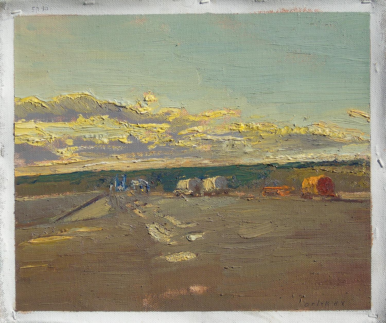 En la fosa de purines: Paisaje impresionista al aire libre de un campo de heno al atardecer - Painting Impresionista de Harry Orlyk