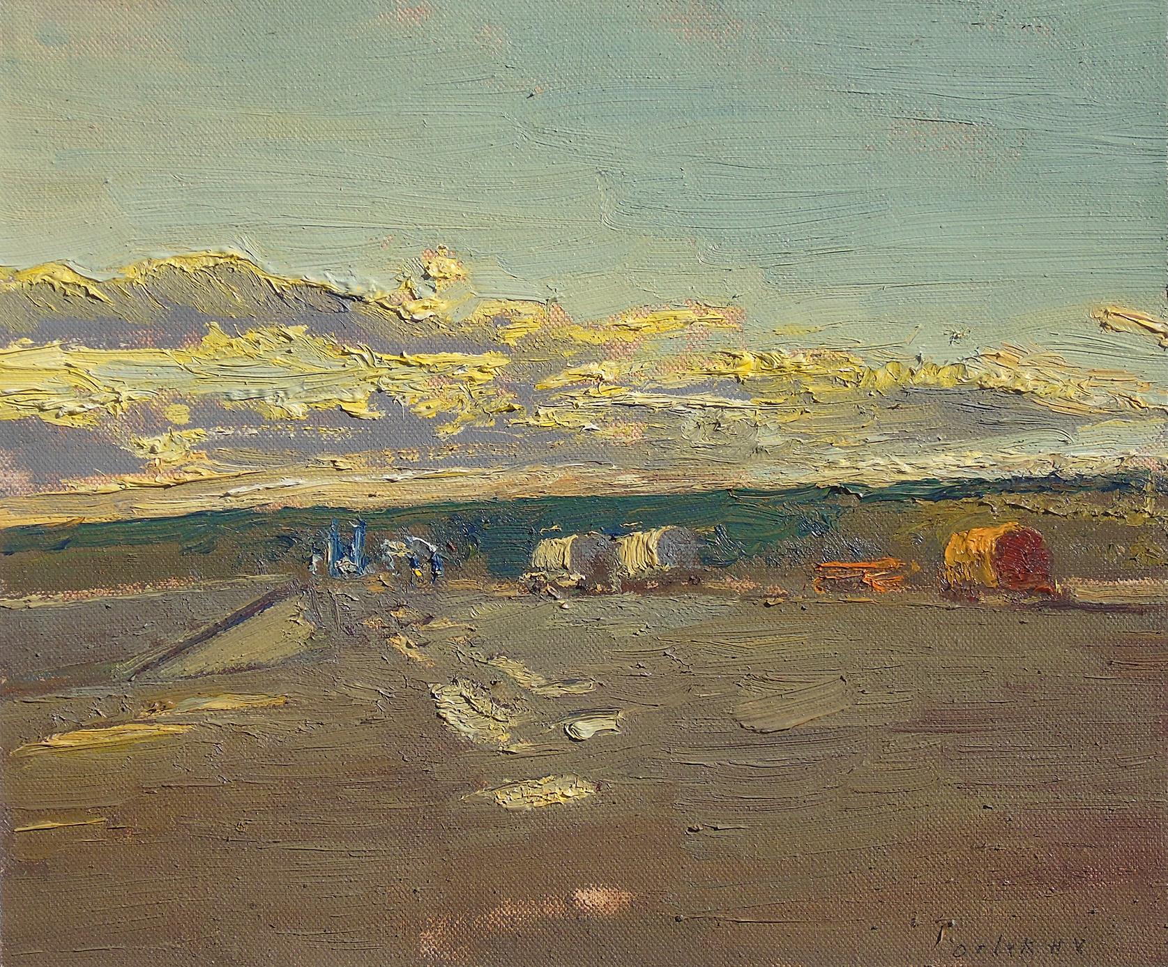 At the Slurry Pit: Impressionist En Plein Air Landscape of Hay Field at Sunset - Painting by Harry Orlyk