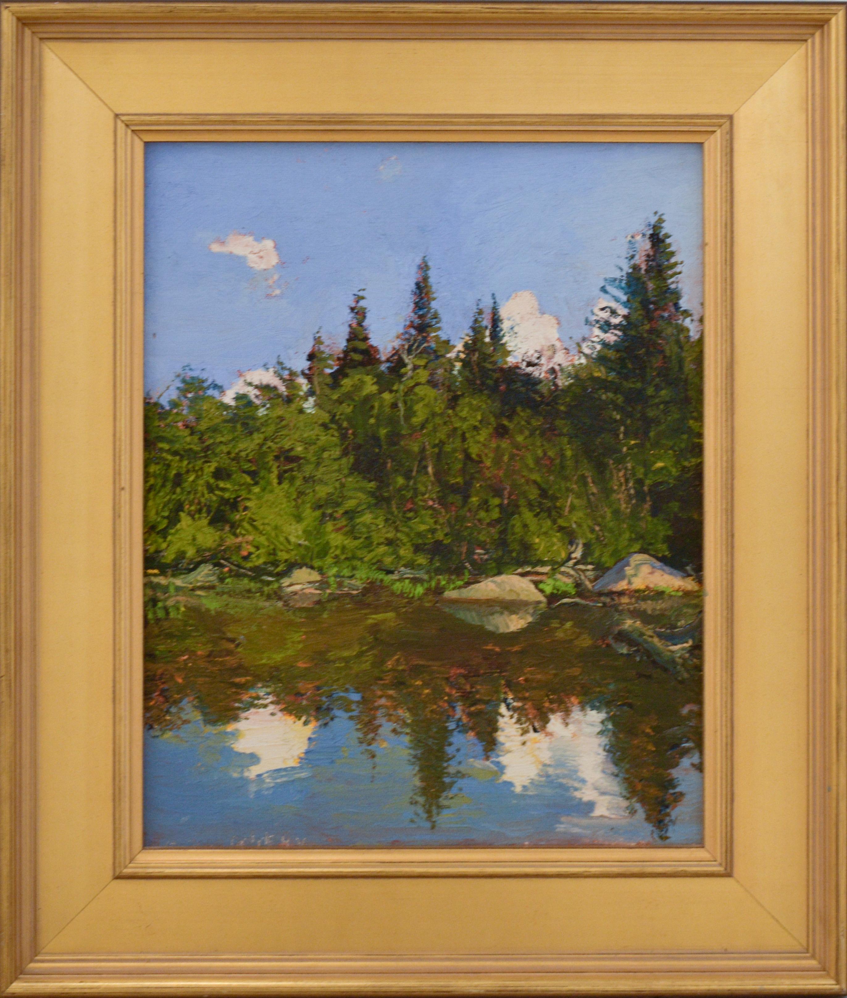 Impressionist en plein-air landscape painting on linen of an evergreen pine forest on water against a bright blue sky
"Bear Cove," an upstate New York landscape, painted plein-air by Harry Orlyk
oil on linen, ready to hang as is 
16.75 x 13 inches