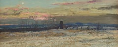 Moon Rise, Blauer Silo: Impressionistisches Winterlandschaftsgemälde „En Plein Air“