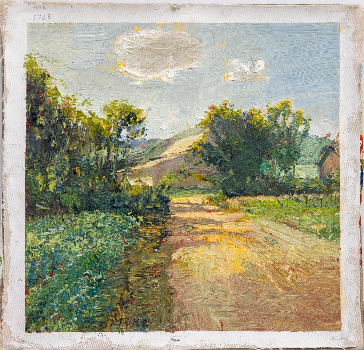 Kartoffel Scheune (Impressionistische ländliche Landschaft, Sun Dappled Country Road auf einem Bauernhof) (Impressionismus), Painting, von Harry Orlyk