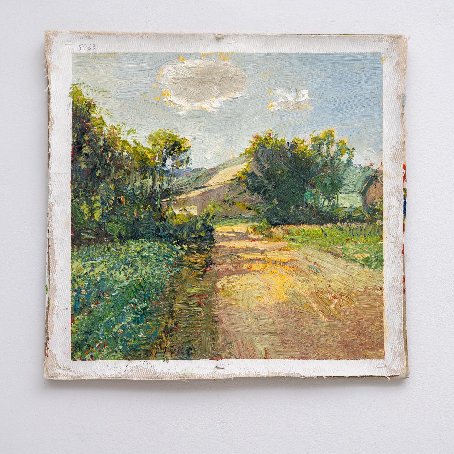 Impressionistisches Landschaftsgemälde auf Leinen, das einen von der Sonne beschienenen Feldweg zeigt, der zu einer Scheune führt
#Nr. 5963 Kartoffelscheune, 2022, gemalt von Harry Orlyk
Öl auf Leinen, so wie es ist, zum Aufhängen 
14 x 14,5
