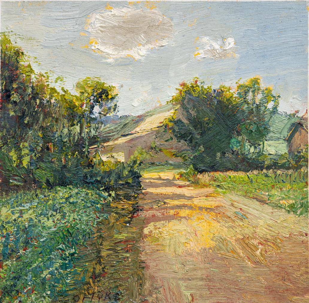 Kartoffel Scheune (Impressionistische ländliche Landschaft, Sun Dappled Country Road auf einem Bauernhof) – Painting von Harry Orlyk