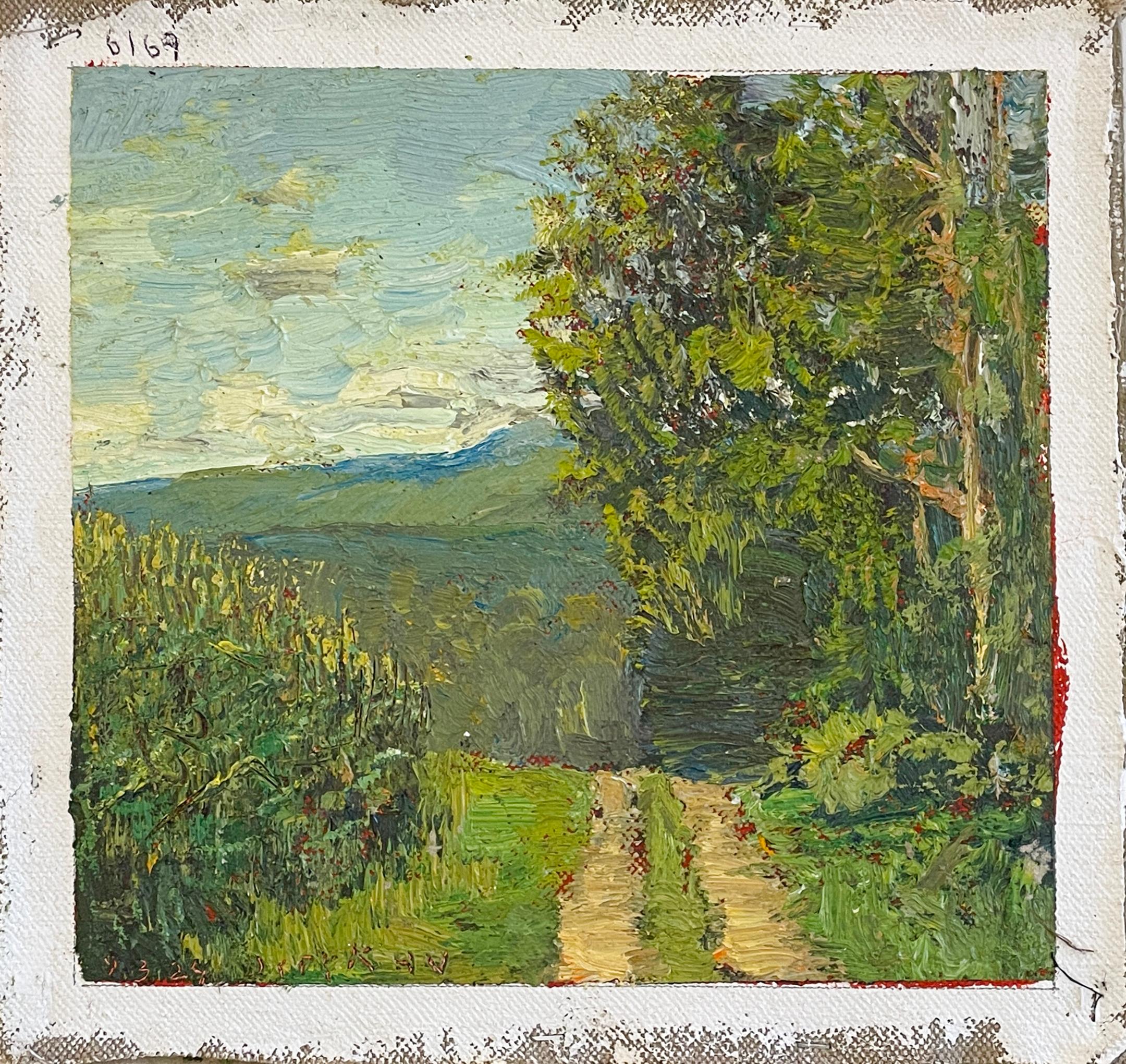 Attraverso le terre protette (pittura a olio di paesaggio impressionista di una strada di campagna) - Painting di Harry Orlyk