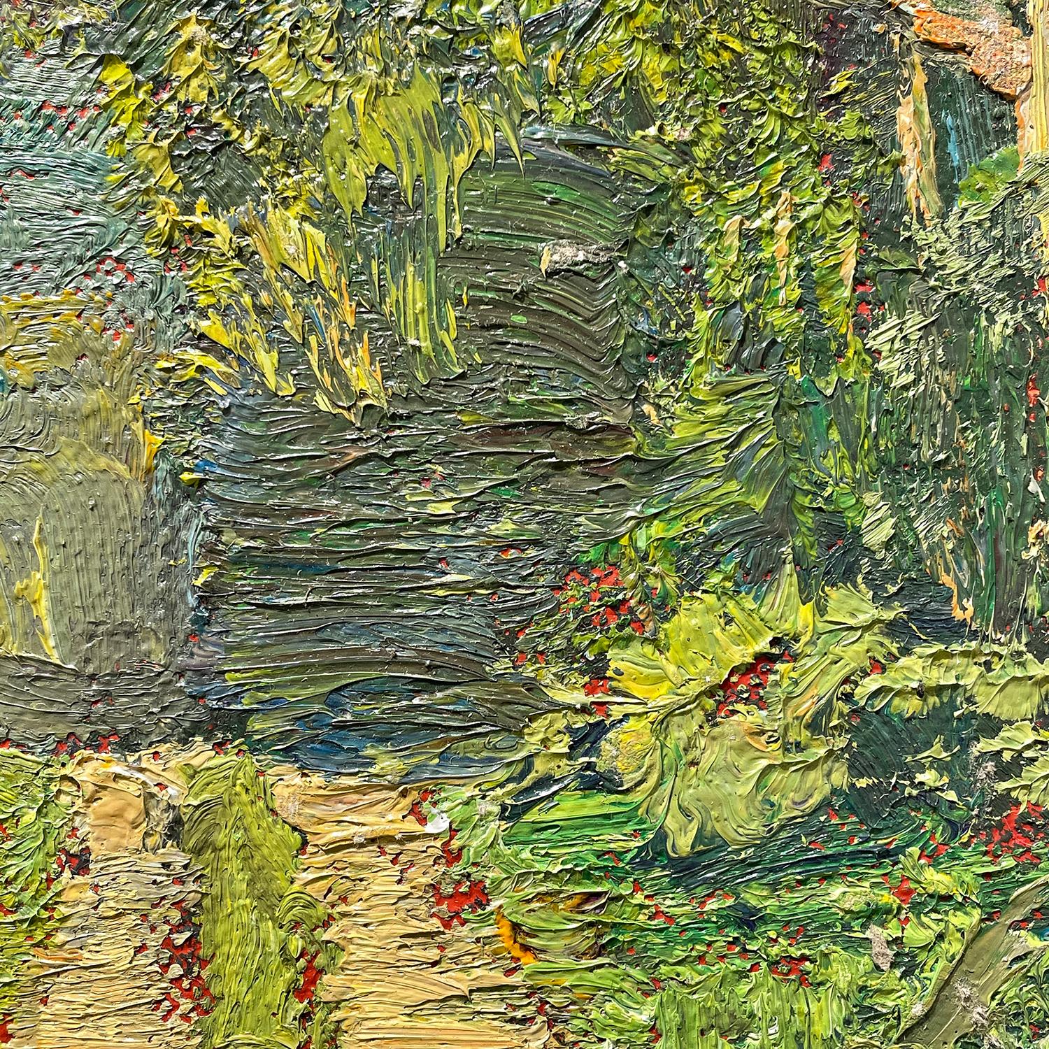 Attraverso le terre protette (pittura a olio di paesaggio impressionista di una strada di campagna) - Landscape Painting Grigio di Harry Orlyk