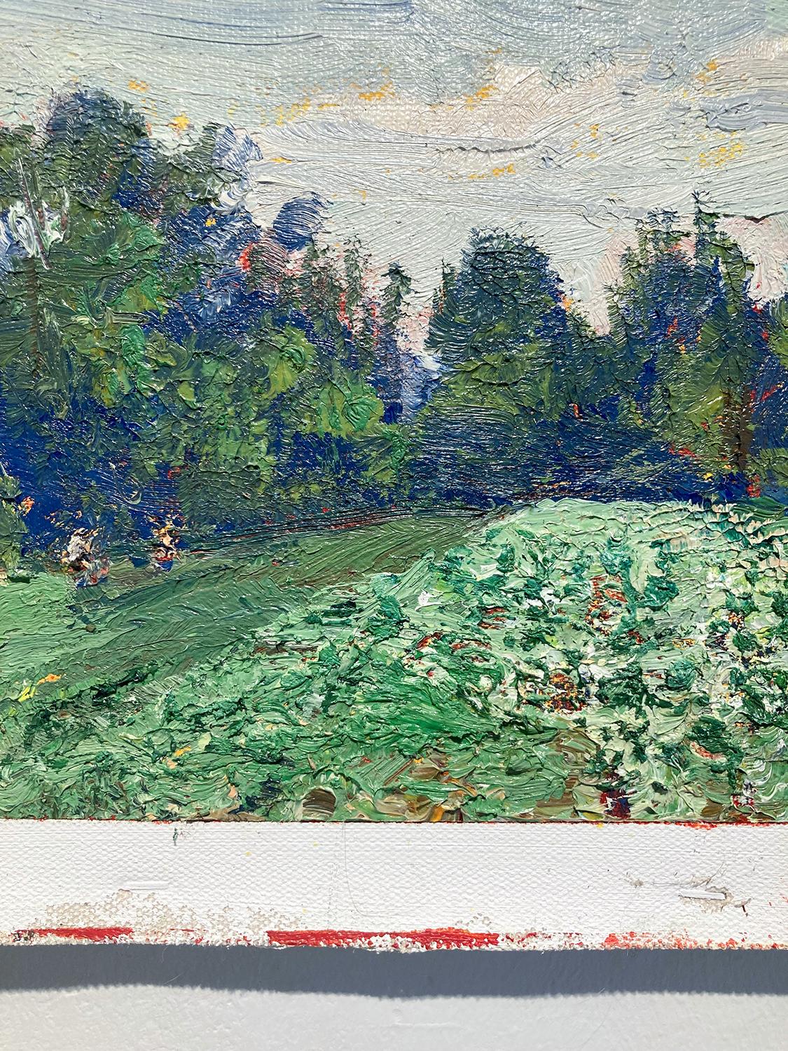 Impressionist en plein air landscape painting on linen of a lush green farm field in the country
#5968 Truehart's Potatoes, painted by Harry Orlyk in 2022
oil on linen mounted on homasote board
14 x 14.5 inches
Signed lower left

Harry Orlyk is