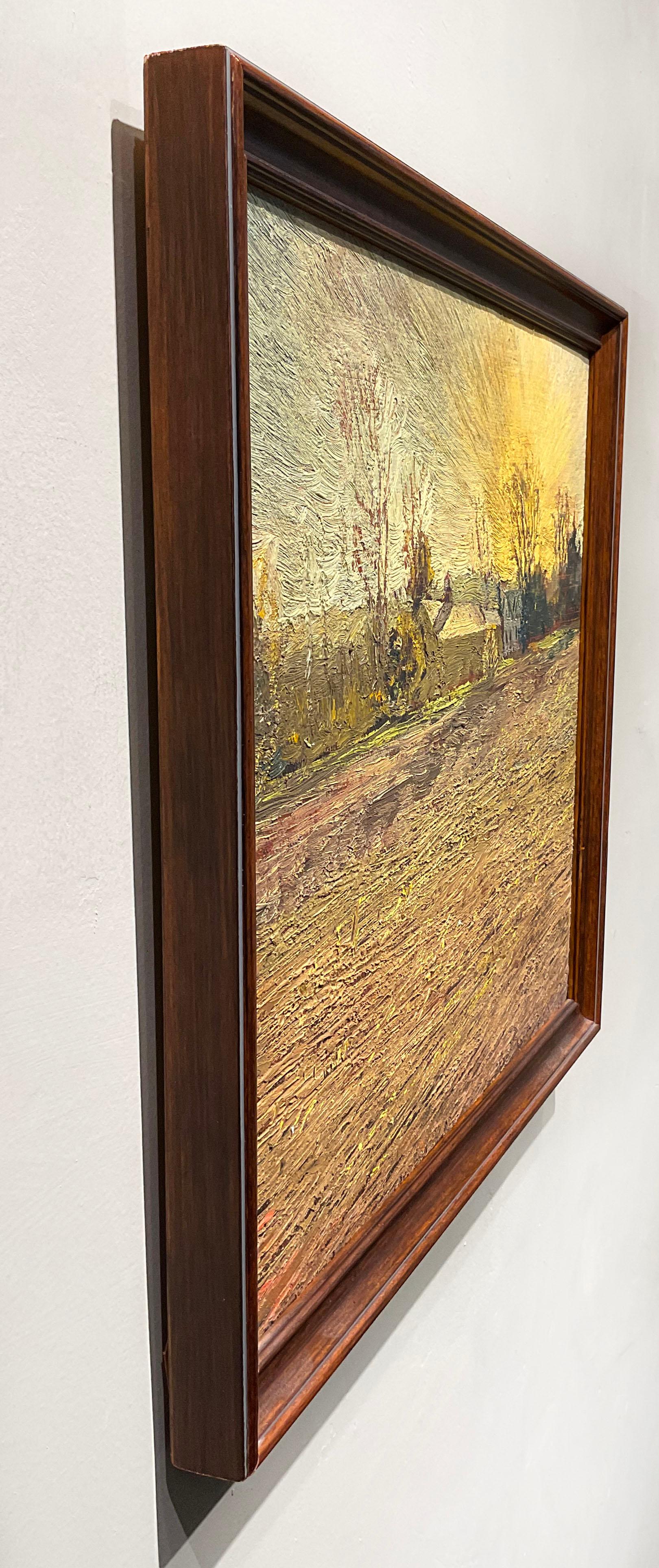 Impressionist style en plein air landscape painting on linen of a rural country barn with a bright yellow sunset and earth toned plowed farm fields
#3991 Warren's Barn, painted by Harry Orlyk in 2007
oil on linen, brown wood moulding, ready to hang