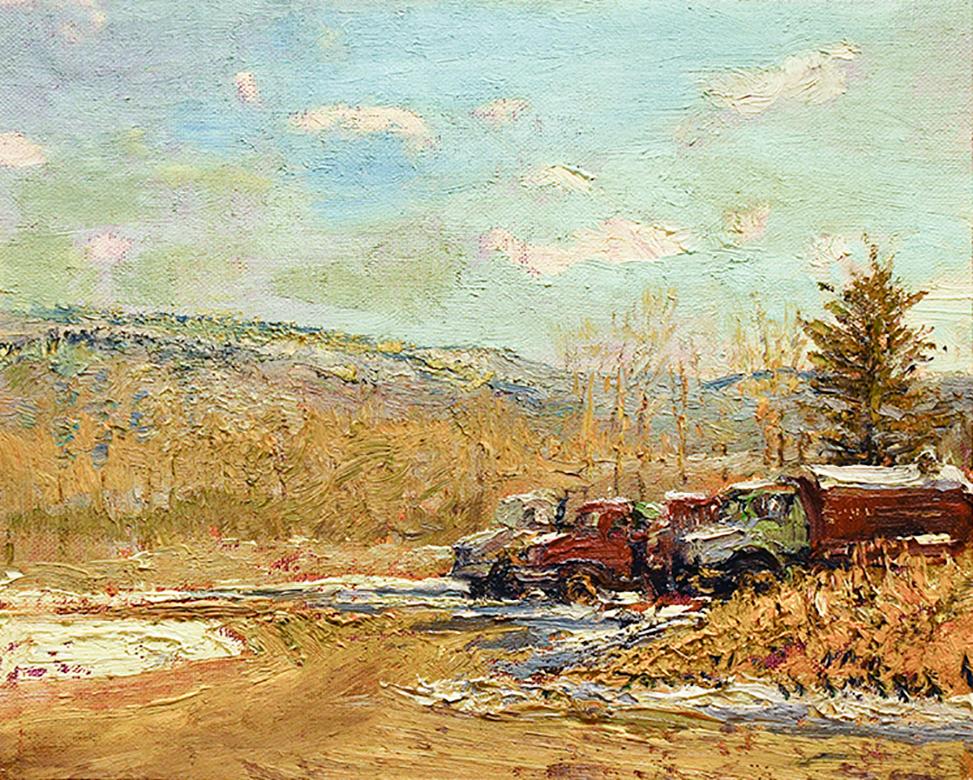 Winter: Impressionist En Plein Air Landscape Painting of Trucks on a Farm